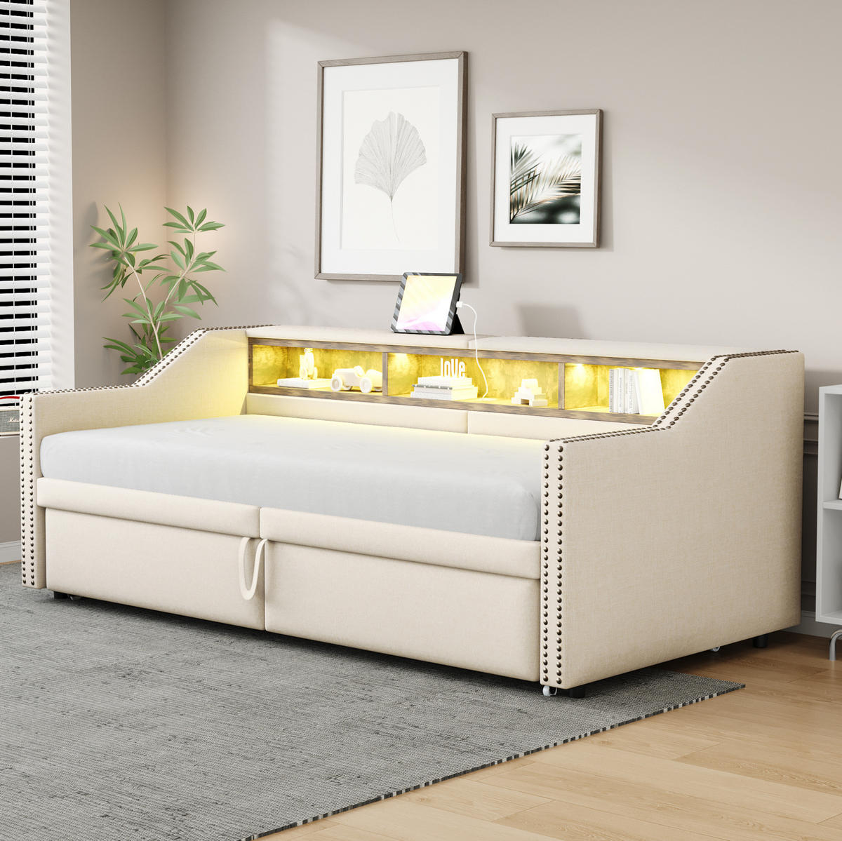 BETT 90/180x200 cm in Beige – ausziehbar, inkl. Lattenrost und USB - Beige, Textil (90/200cm) - BEAOK