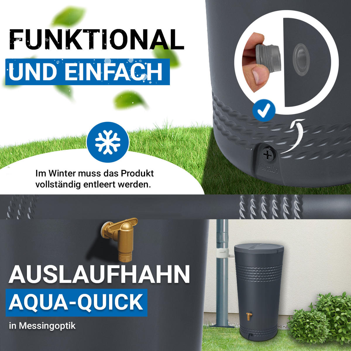 REGENTONNEN Komplett-Set 230 L graphite grey inkl. Kunststoff-Auslaufhahn und Fallrohranschluss - Grau, Kunststoff (59/114/59cm) - 4rain