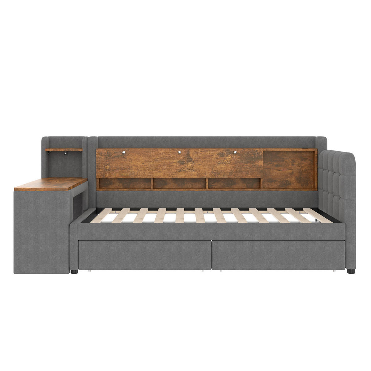 POLSTERBETT aus Leinen & MDF 90x200 cm in Grau mit Schreibtisch & 2 Schubladen - Grau, Textil (90/200cm) - Modfu