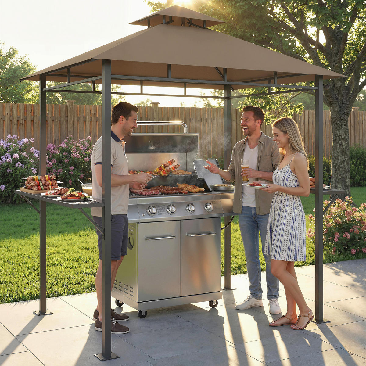 GRILLPAVILLON DE-12741 245/146/255 cm Doppeldach, 2 Seitenregale Braun - Braun, Metall (146/255/245cm) - ComfortXL