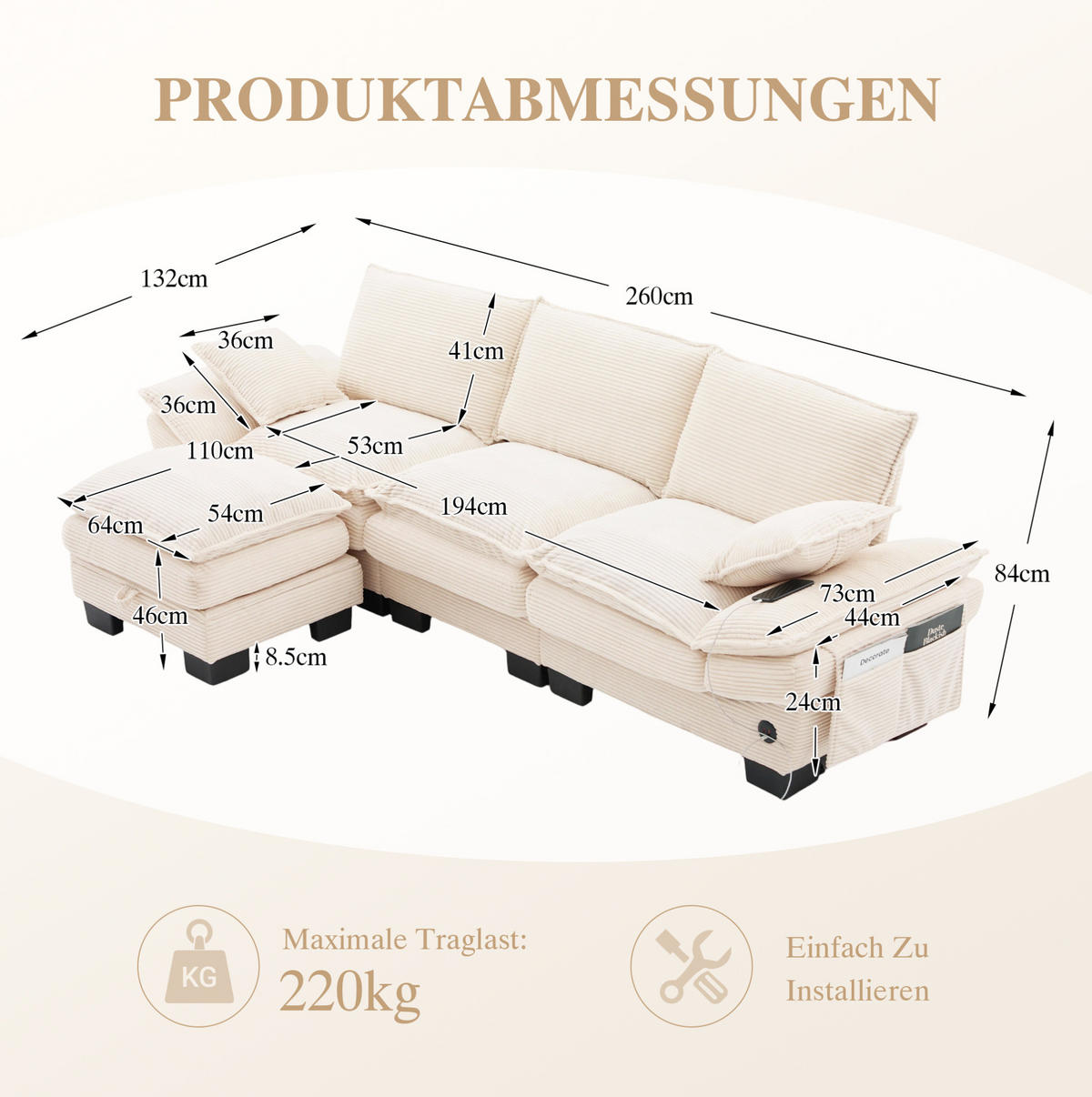 3-SITZER aus Cord 260x132x84 cm in Beige mit USB-C & Seitentaschen - Beige, Textil (132/84/260cm) - Modfu