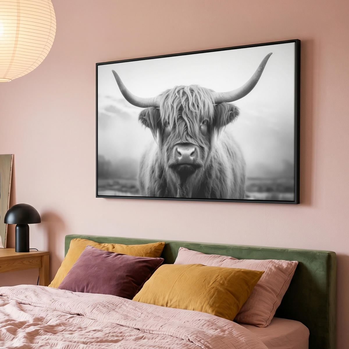 LEINWAND Bilder mit Rahmen - Schottischer Highlander - Nebel - Schwarz - Weiß - 150x100 - Grau, Textil (150/100cm) - MuchoWow
