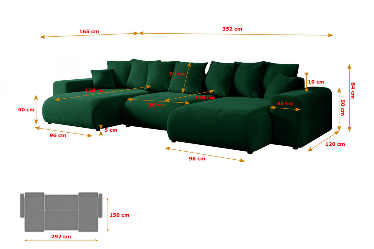 WOHNLANDSCHAFT mit Schlaffunktion und Bettkasten ESKAR-U -352x165x84cm Grün Velours - Schwarz/Grün, Holzwerkstoff/Kunststoff (352/84/165cm) - ALTDECOR