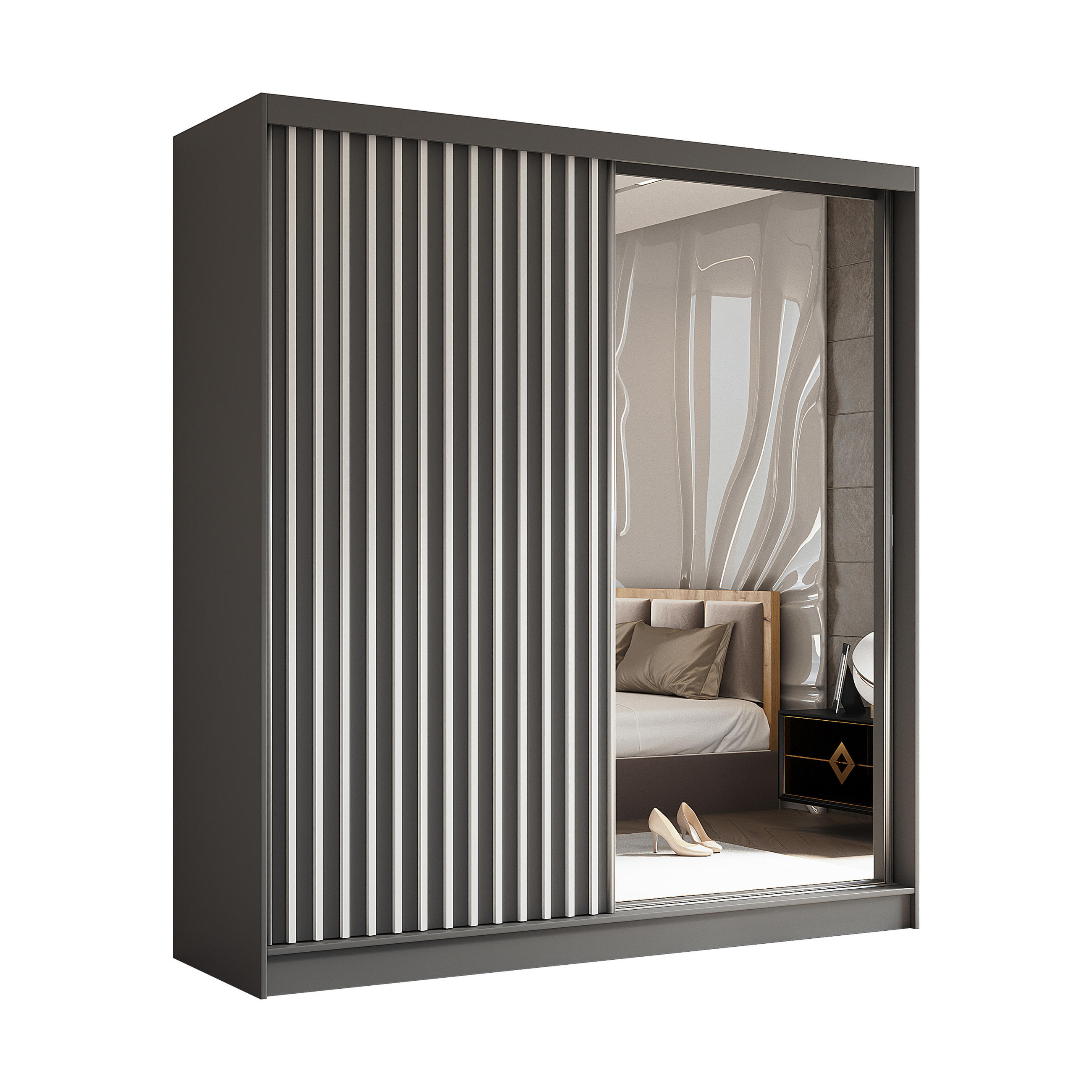 SCHWEBETÜRENSCHRANK Cabinio Grau Weiß 200/216/61 cm – mit Spiegel und Lamellen - Weiß/Grau, Holzwerkstoff/Kunststoff (200/216/61cm) - AX Living