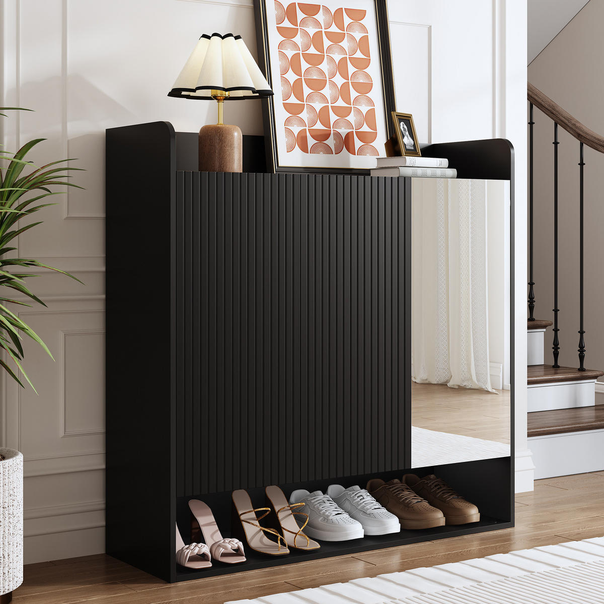 SCHUHSCHRANK 110/110/35,5 cm Schwarz aus MDF und Spanplatte mit Spiegel - Schwarz, Holzwerkstoff (110/110/35.5cm) - OKMYHOME