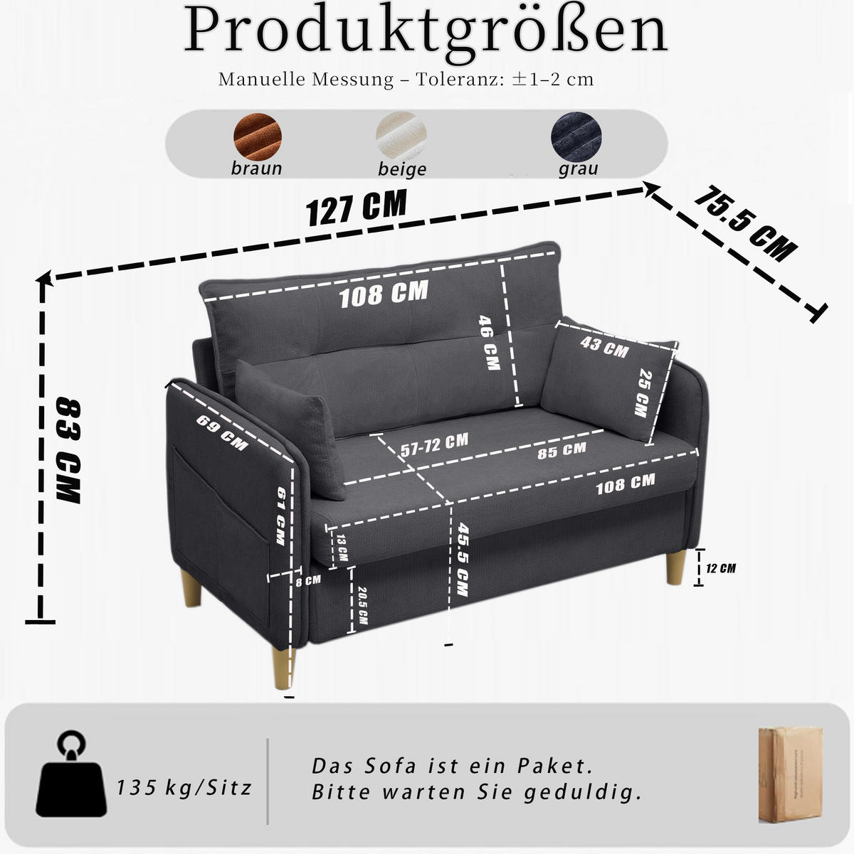 SOFA 2-Sitzer mit Armlehnen 127 cm Dunkelgrau Chenille - Dunkelgrau, Holzwerkstoff (127/83/75.5cm) - Meubliv