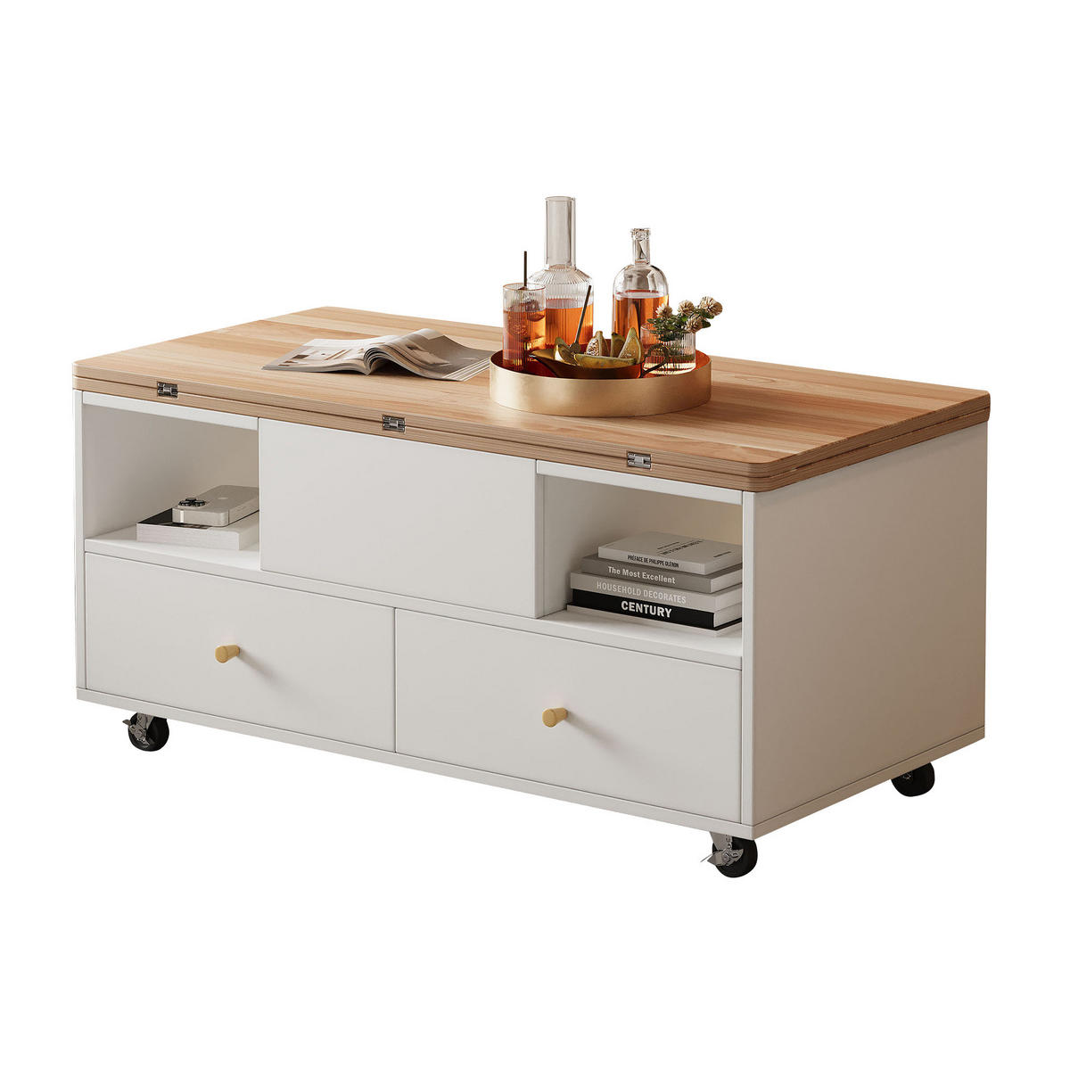 COUCHTISCH 100/50/47,5 cm höhenverstellbar mit Klappfunktion und 4 Schubladen - Naturfarben, Holzwerkstoff (100/50/47.5cm) - Flora Grace