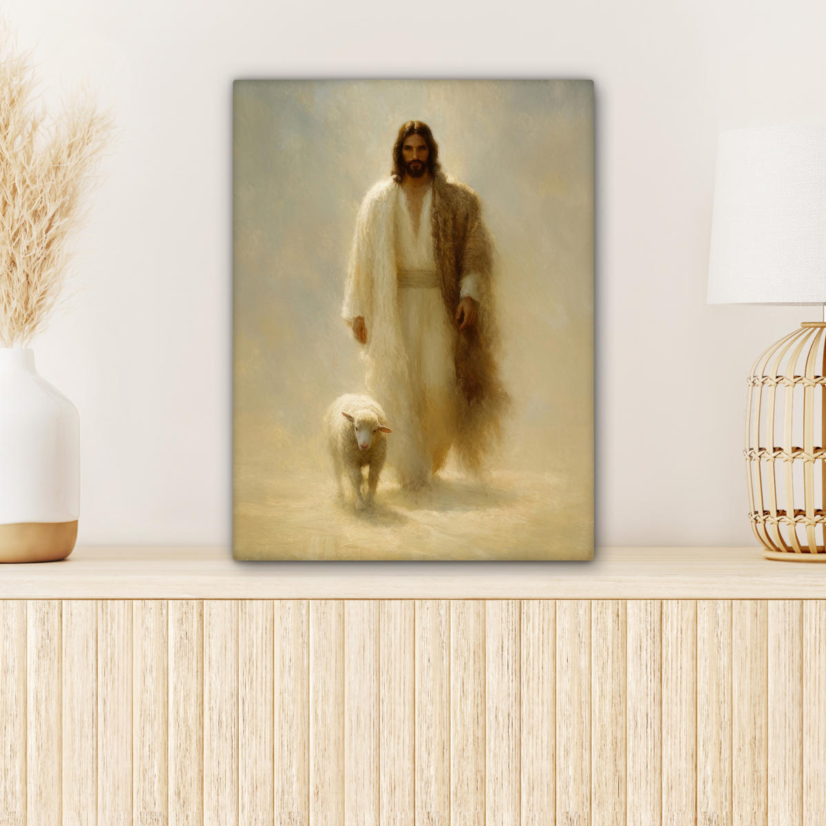 LEINWANDBILD Schaf - Jesus - Pinselstriche - Abstrakt Room Decor 30x40 cm - Sandfarben, Textil (30/40cm) - MuchoWow