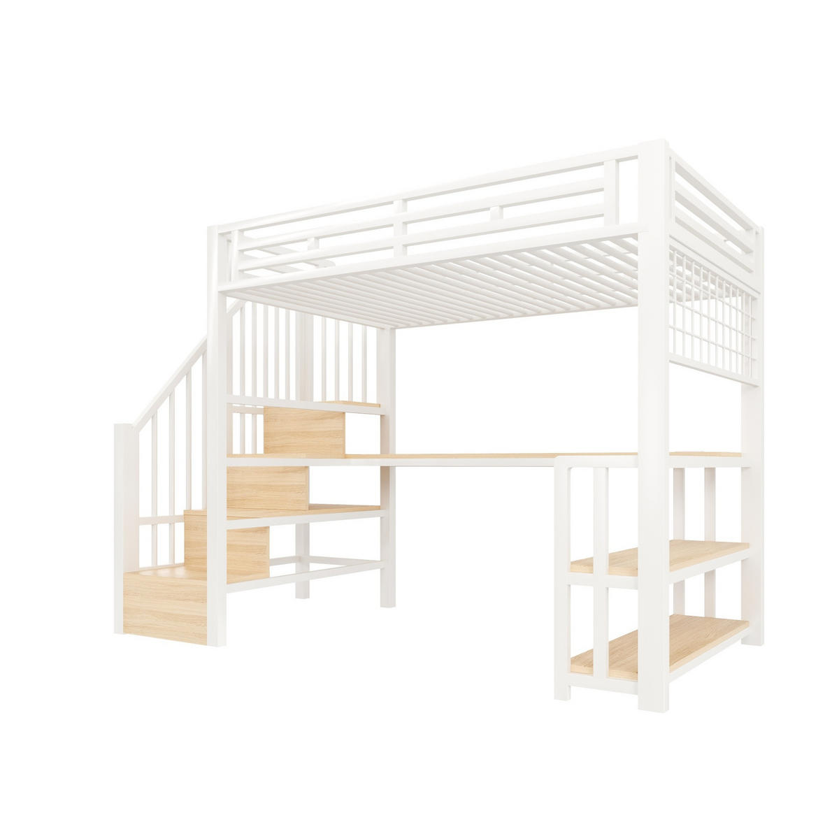 HOCHBETT 90/200 cm aus Metall/MDF mit Schreibtisch, Stauraumtreppe und LED Weiß - Weiß, Metall (90/200cm) - Modenvie