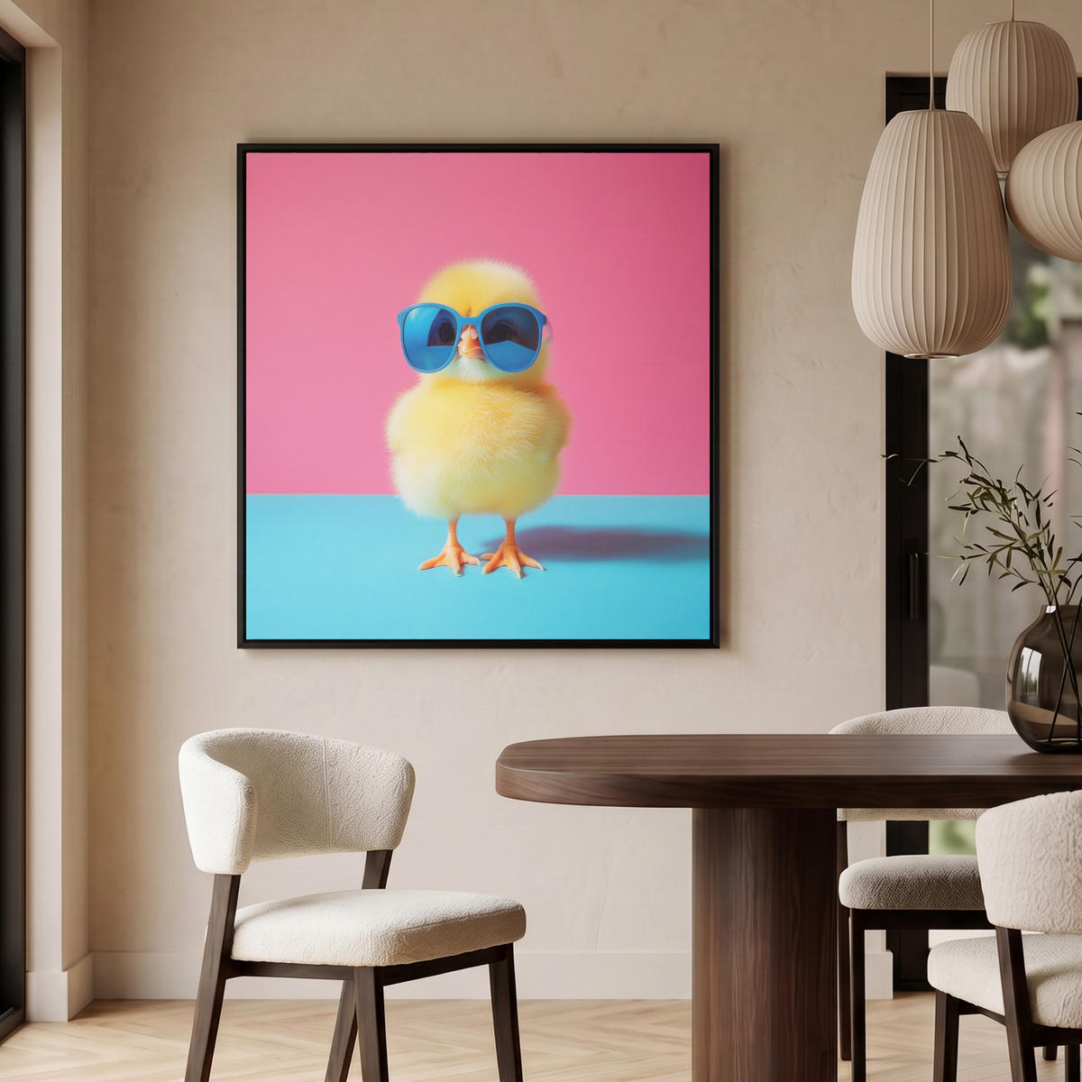 LEINWAND Bilder mit Rahmen - Chick - Sonnenbrille - Blau - 90x90 - Pink, Textil (90/90cm) - MuchoWow