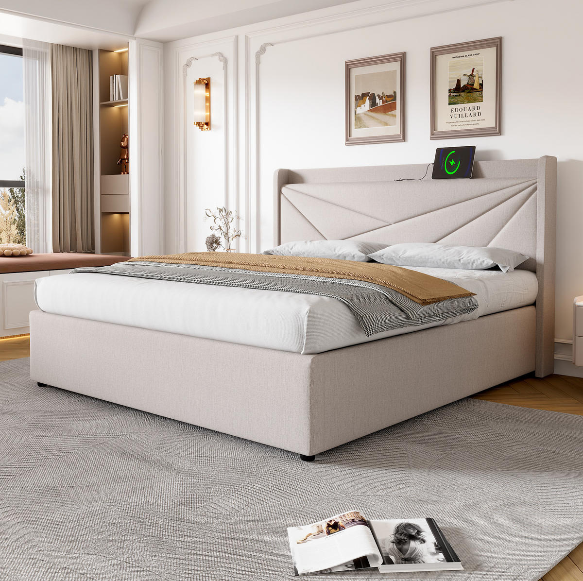 POLSTERBETT 140/200 cm Beige mit Stauraum und USB- und Type-C-Anschlüssen aus Baumwoll-Leinen - Beige, Textil (140/200cm) - OKWISH