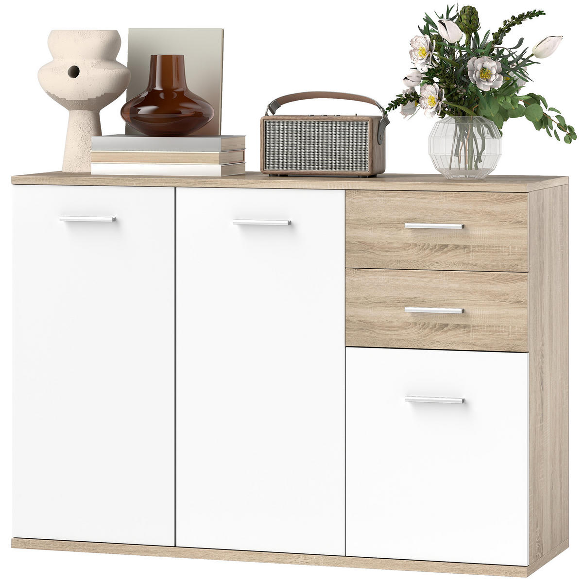 SIDEBOARD DE-11278 2 Schubladen, 3 Türen Weiß/Naturholz - Naturfarben, Holzwerkstoff (106/76/35cm) - ComfortXL