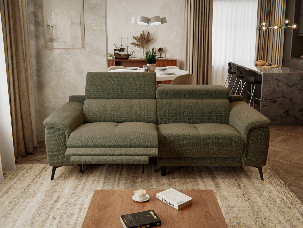 RELAXSOFA FIERO 3-Sitzer mit 1 Relaxfunktion, olivgrün - Schwarz/Olivgrün, Holzwerkstoff/Textil (212/82/103cm) - Courtois Laville