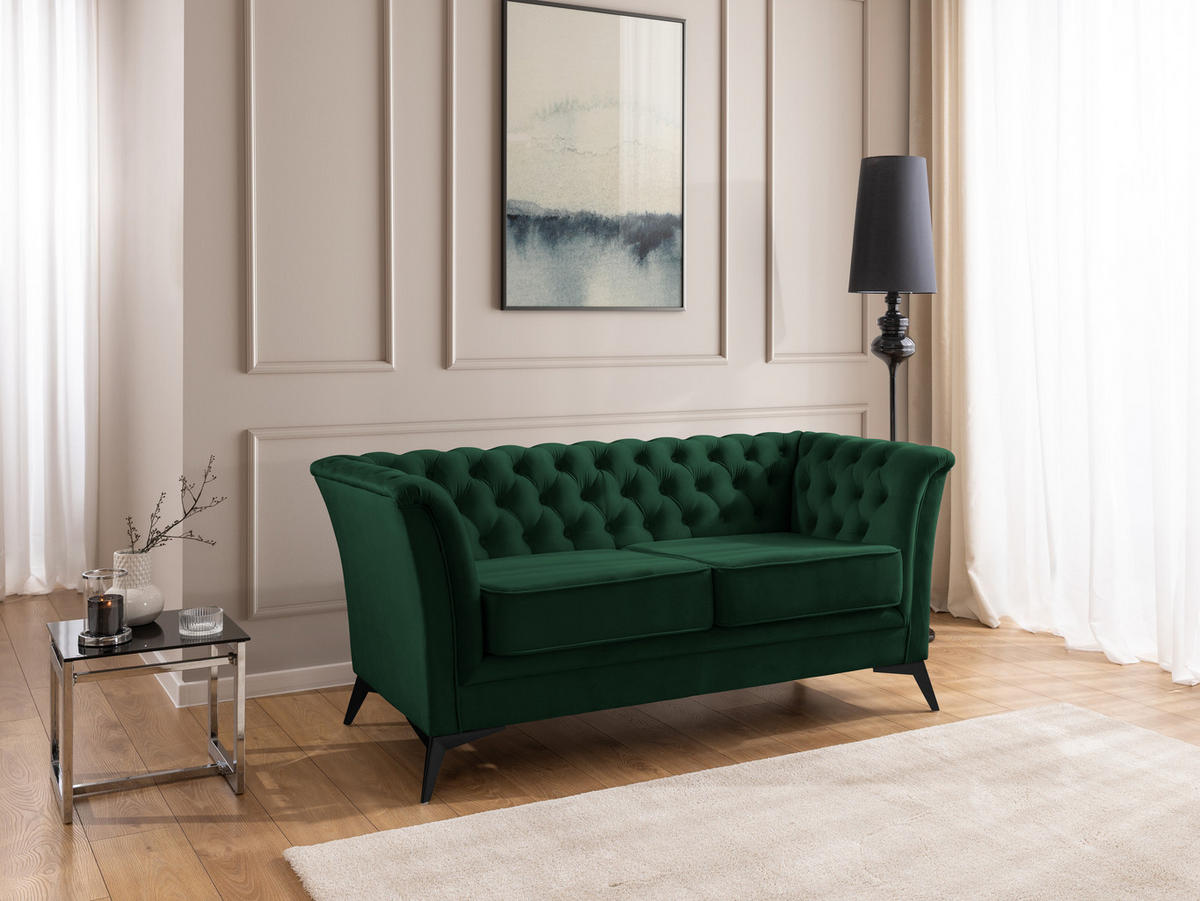 CHESTERFIELD-SOFA 2-sitzer Whitby Flaschengrün Samt mit schwarzen Füßen - Dunkelgrün/Schwarz, Holz/Textil (175/78/82cm) - S-Style Möbel