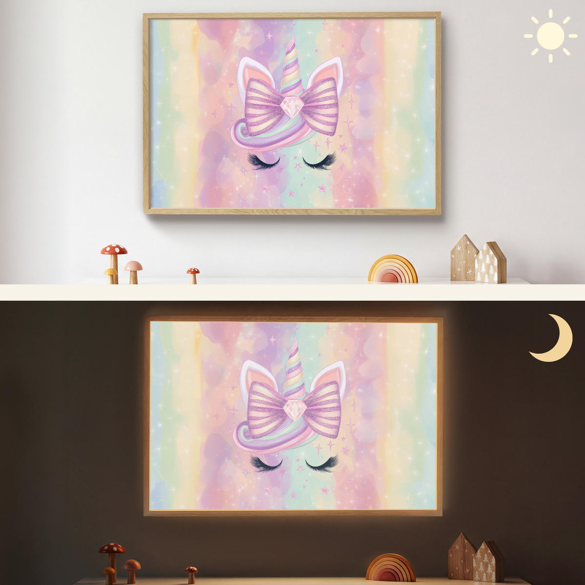 NÁSTĚNNÁ LAMPA S AKUMULÁTOREM Jednorožec - Třpytky - Duha - Pastelové barvy 90x60 cm - světle růžová, kompozitní dřevo (90/60/8cm) - OnlyWow