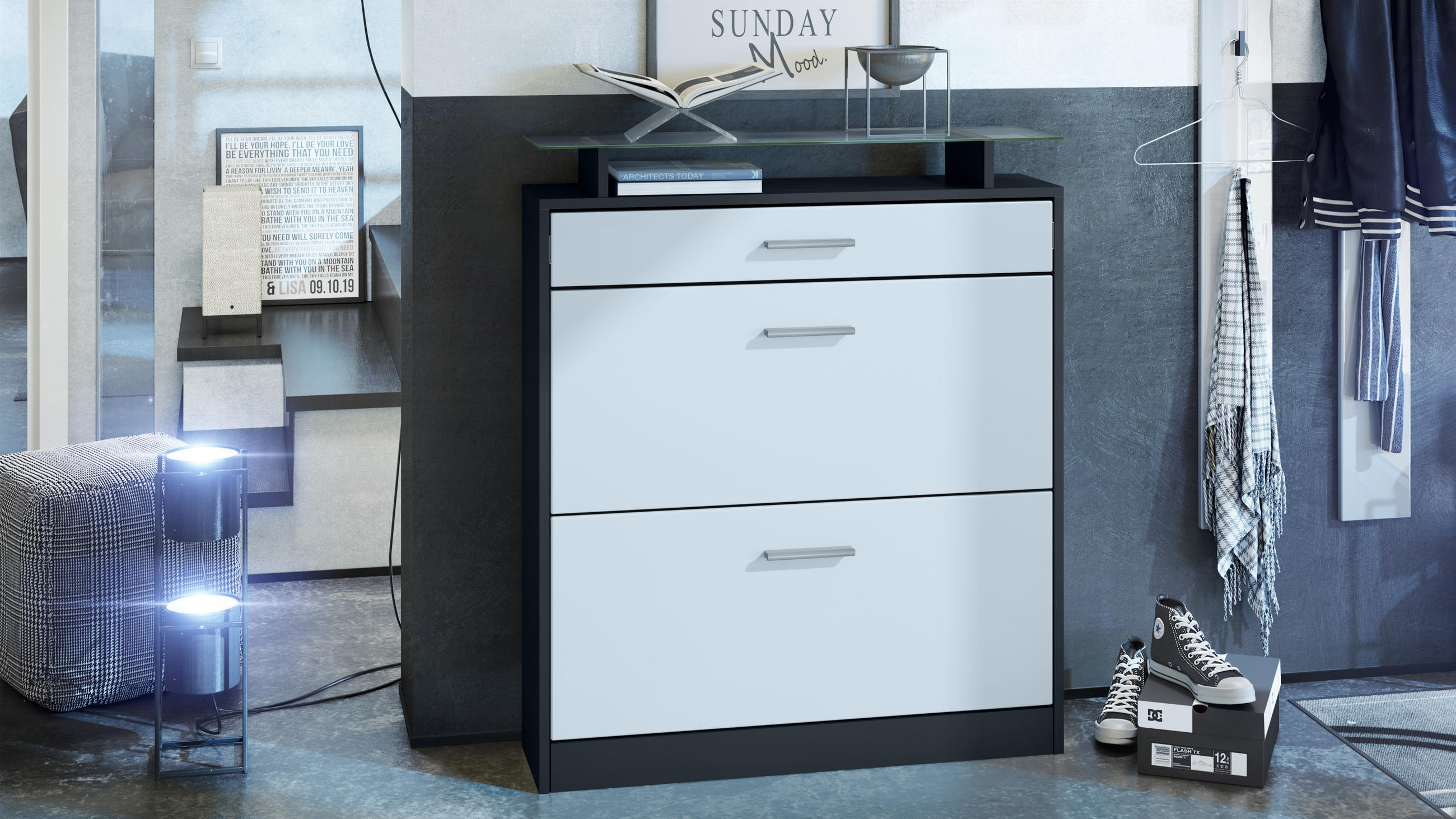 SCHUHSCHRANK Loret Front in Weiß matt - Weiß, Holzwerkstoff (89/104/23cm) - Vladon
