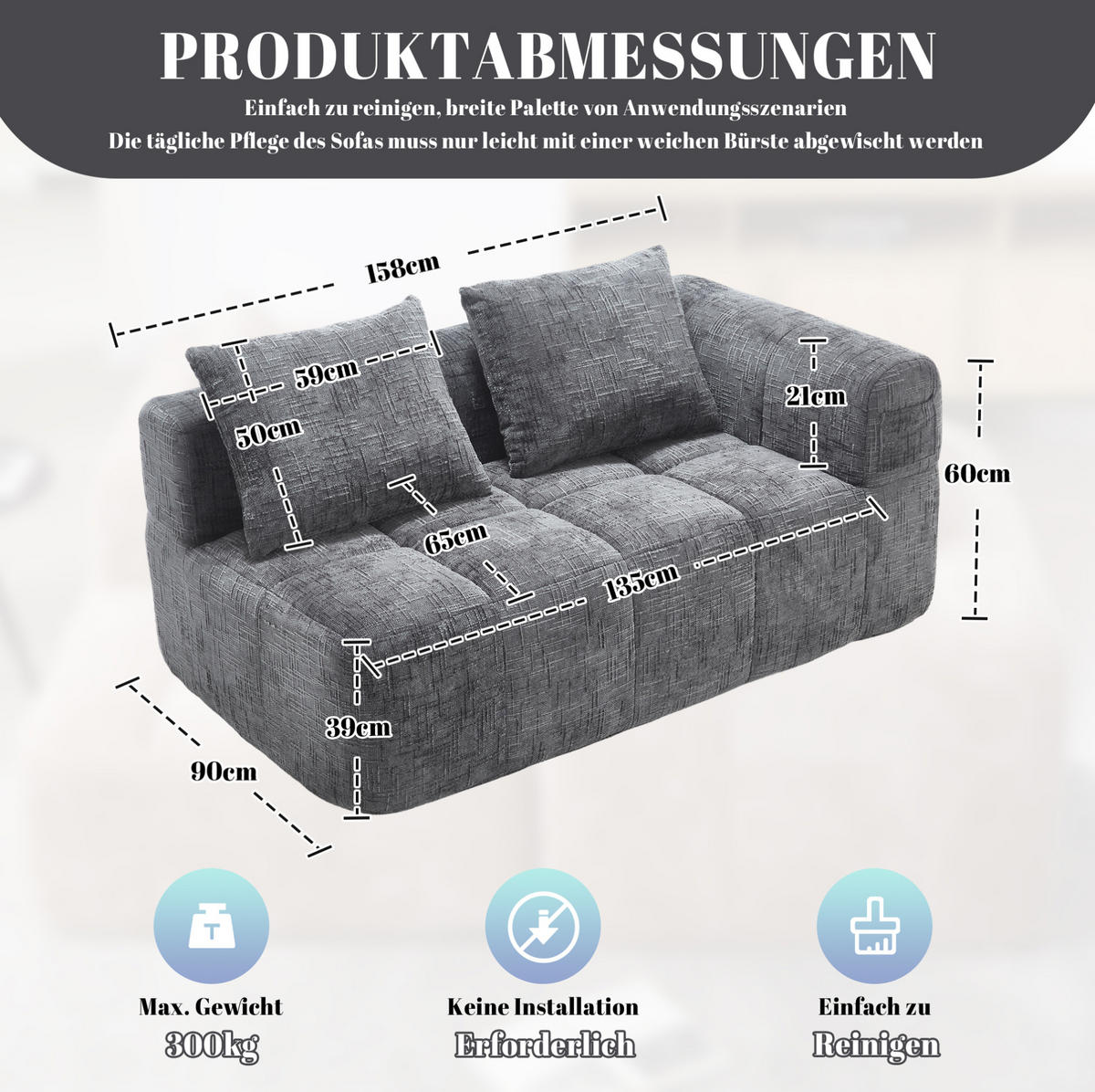 SOFA mit Seitentaschen 158x90x60 cm Chenille Gray - Grau, Kunststoff (158/60/90cm) - Meubliv