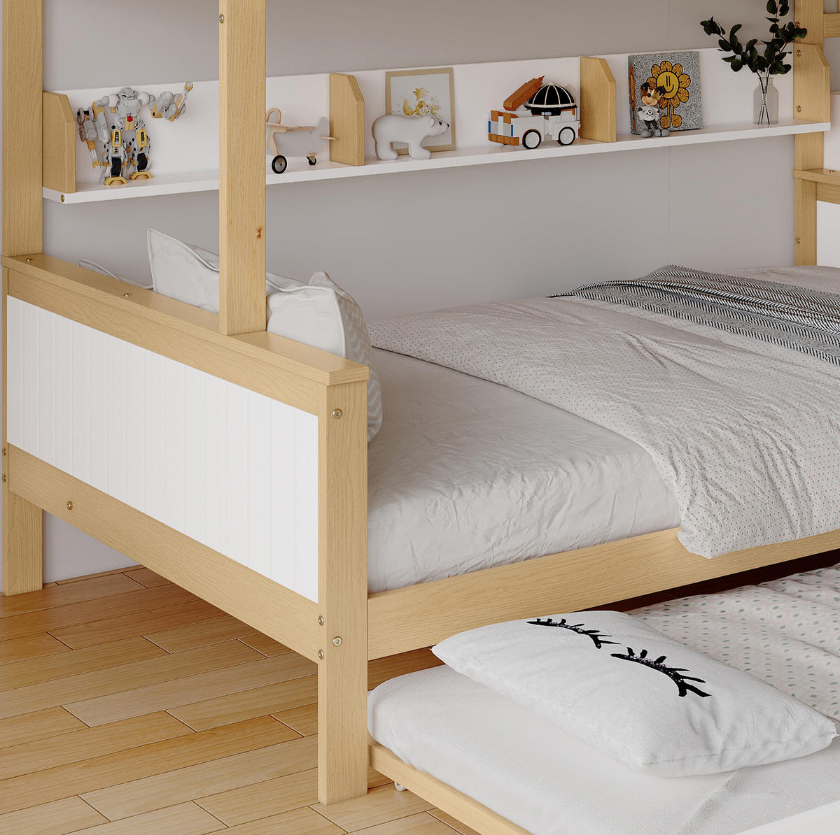ETAGENBETT aus Kiefernholz und MDF 90x200/120x200 cm Weiß/Natur mit Stauraumtreppe und Rollbett - Weiß, Holzwerkstoff (90/200cm) - IVMEU