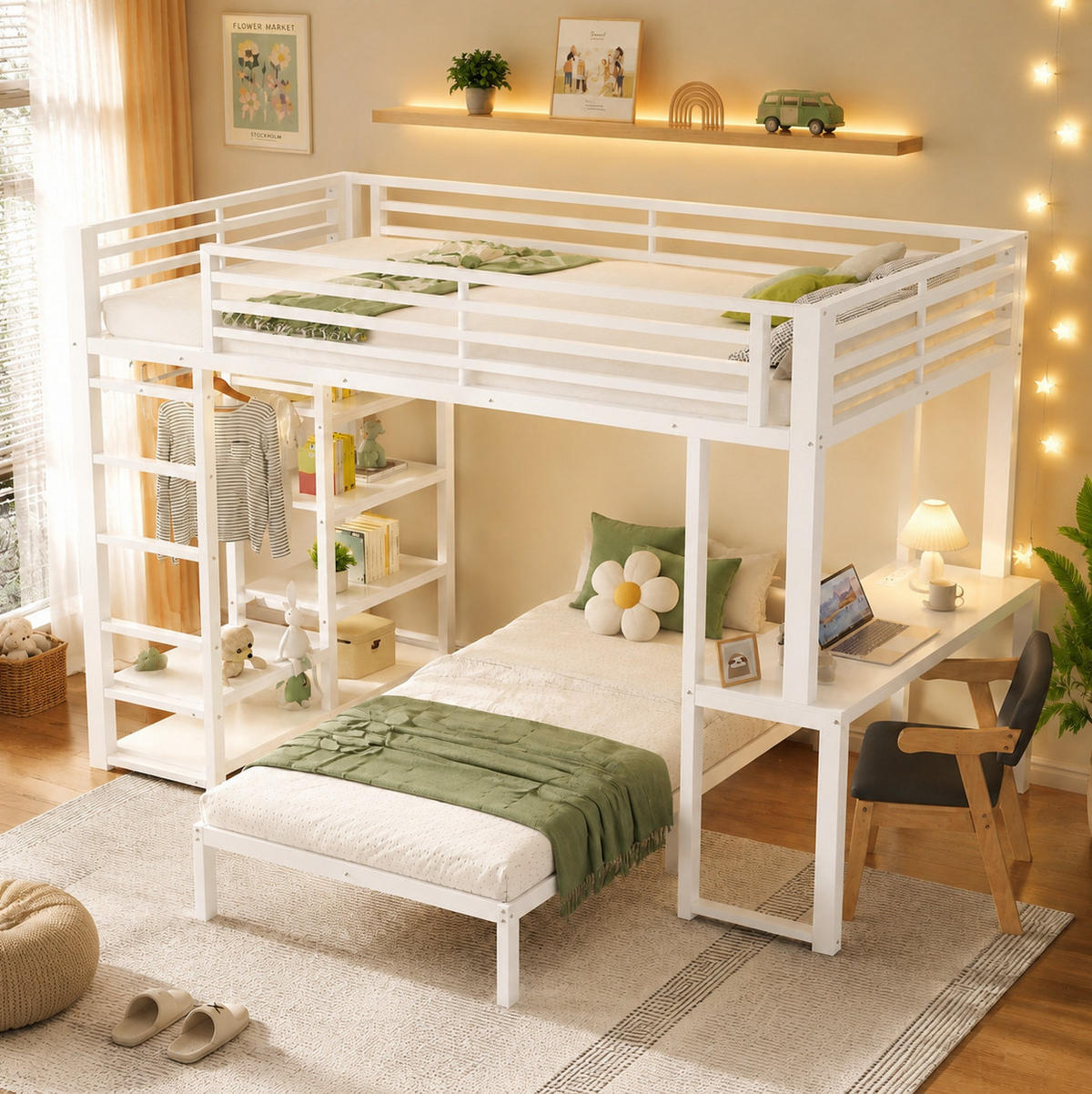 ETAGENBETT 90/200 cm Weiß mit Schreibtisch und Kleideraufbewahrung - Weiß, Metall (90/200cm) - MIVRAY