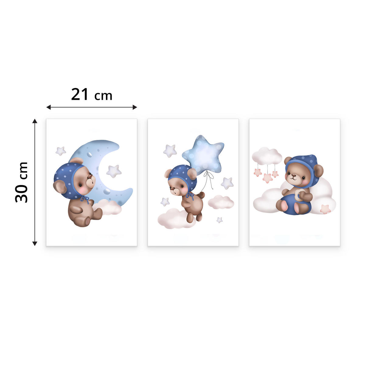 SADA PLAGÁTOV Do Detskej Izby Mackovia Balóny Hviezdy Oblaky 3x Plagát A4 21 x 30 cm - hnedá/biela, papier (21/30/1cm) - Muralo