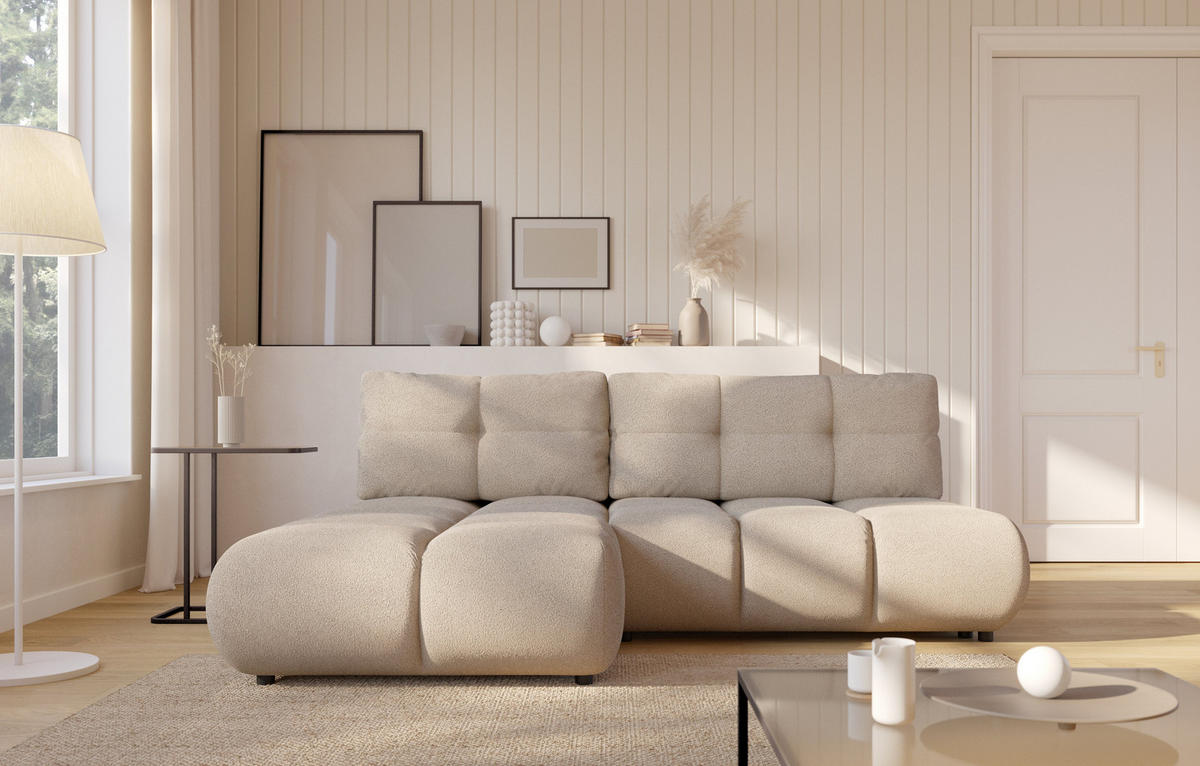 ECKSOFA CORSO L-S Beige Boucle-Stoff mit Schlaffunktion - Beige, Holz (230/177cm) - MASSENO