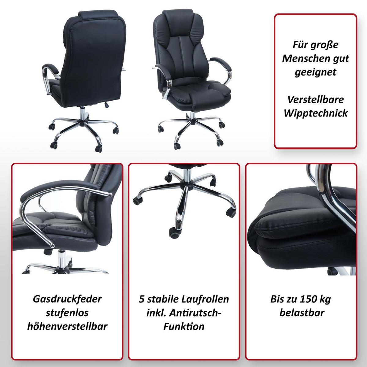 DREHSTUHL Texas XXL US-Version HxBxT 116x65x79cm Kunstleder Schwarz 150kg belastbar - Schwarz, Kunststoff (65/116/79cm) - PROREGAL