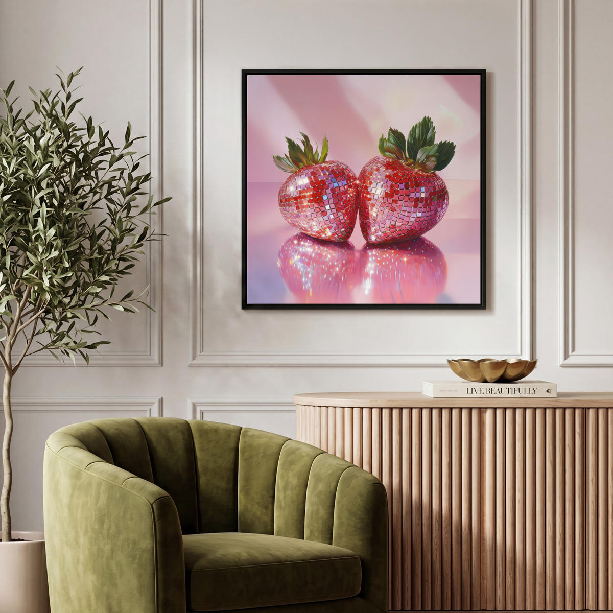 LEINWAND Bilder mit Rahmen - Disco - Obst - Glitzer - Erdbeere - 50x50 - Pink, Textil (50/50cm) - MuchoWow
