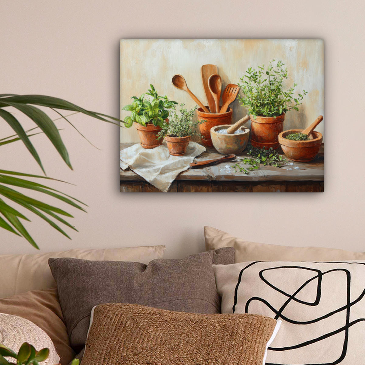 LEINWANDBILD Töpfe - Kräuter - Holz 40x30 cm - Terracotta, Textil (40/30cm) - MuchoWow