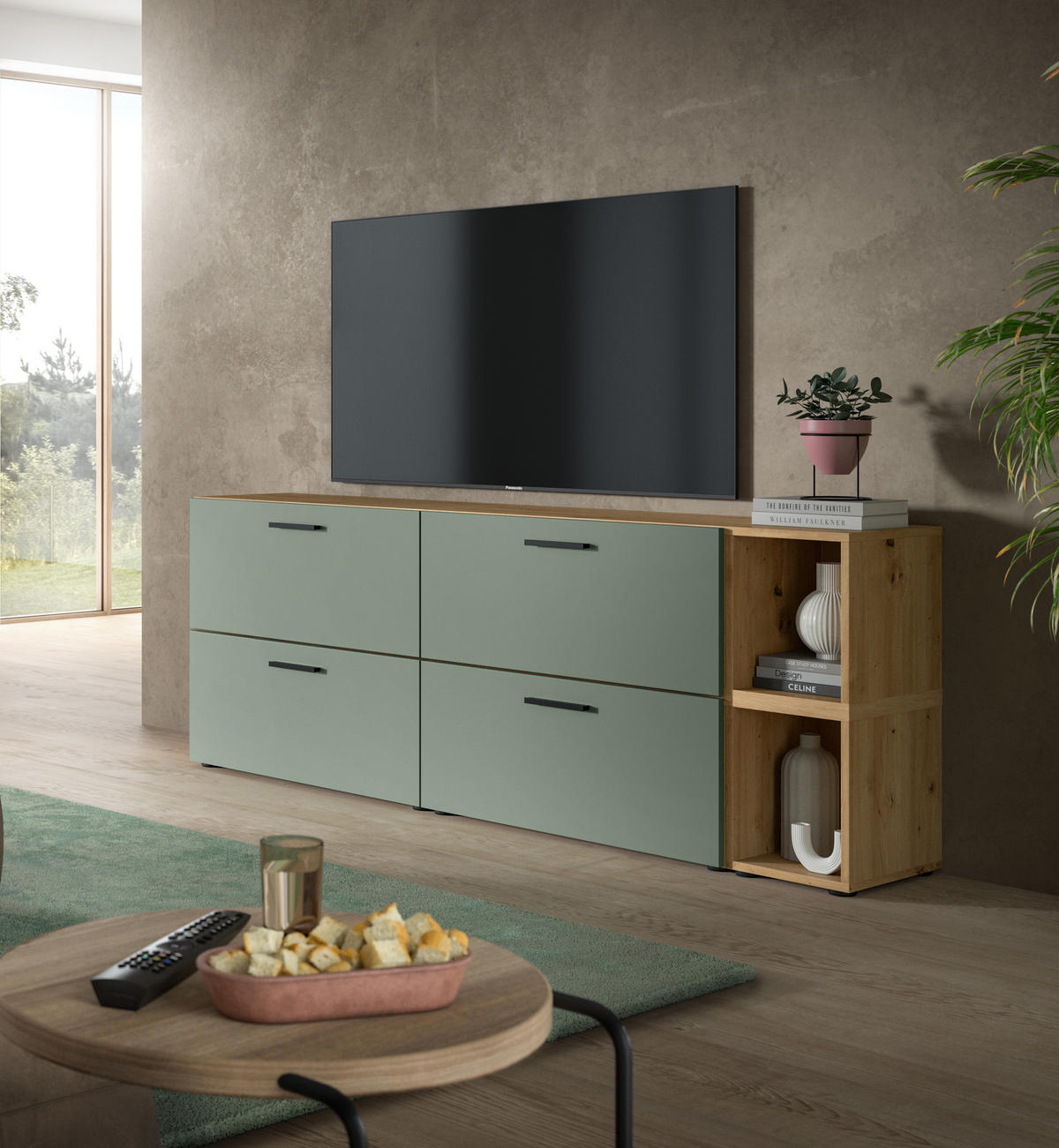 WOHNWAND Primo (B/H/T: ca. 176/67/34 cm) in Artisan Oak /Smoke Green - Eiche Artisan, Holzwerkstoff (176/67/34cm)