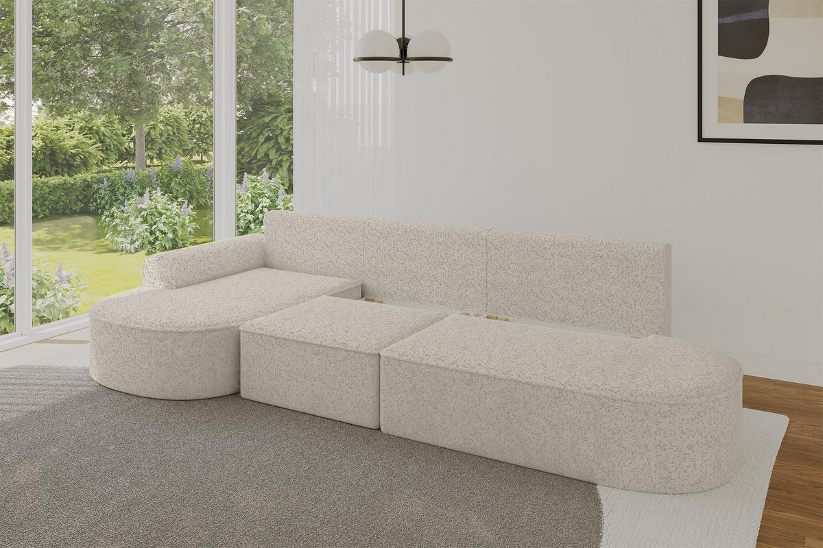 ECKSOFA mit Schlaffunktion Ottomane Links MARI L2-S 368X167X85 Beige Velours - Ecru/Schwarz, Holzwerkstoff/Kunststoff (368/167cm) - ALTDECOR