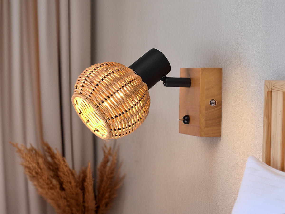 WANDSTRAHLER Höhe 14cm, mit Schalter & Rattan Lampenschirm - Naturfarben, Naturmaterialien/Holz (18/11/14cm) - meineWunschleuchte