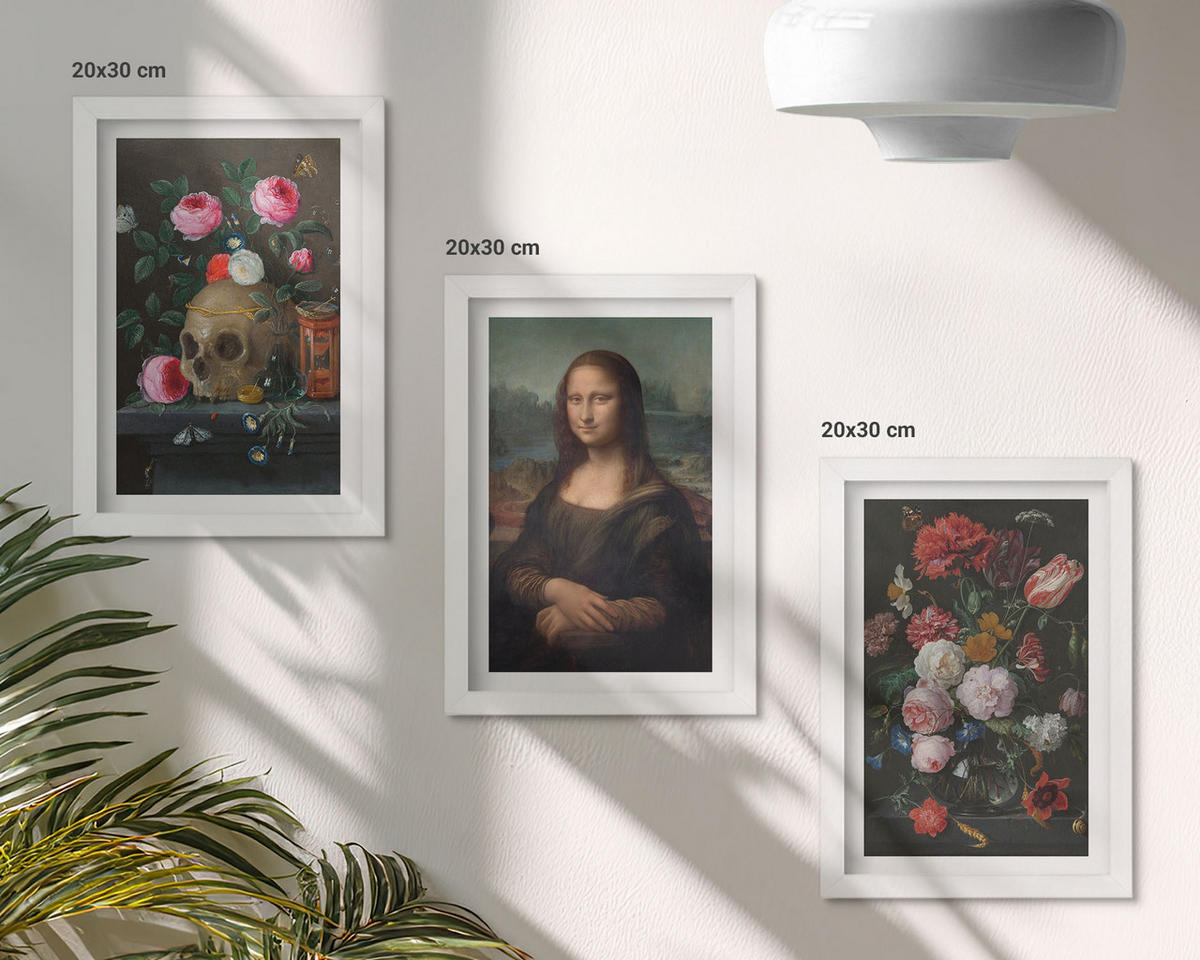BILDER SET 3er Set - 20x30 cm Weißer Rahmen - Blumenschädel-Porträt Mona Lisa - Weiß, Kunststoff (20/30cm) - TULUP