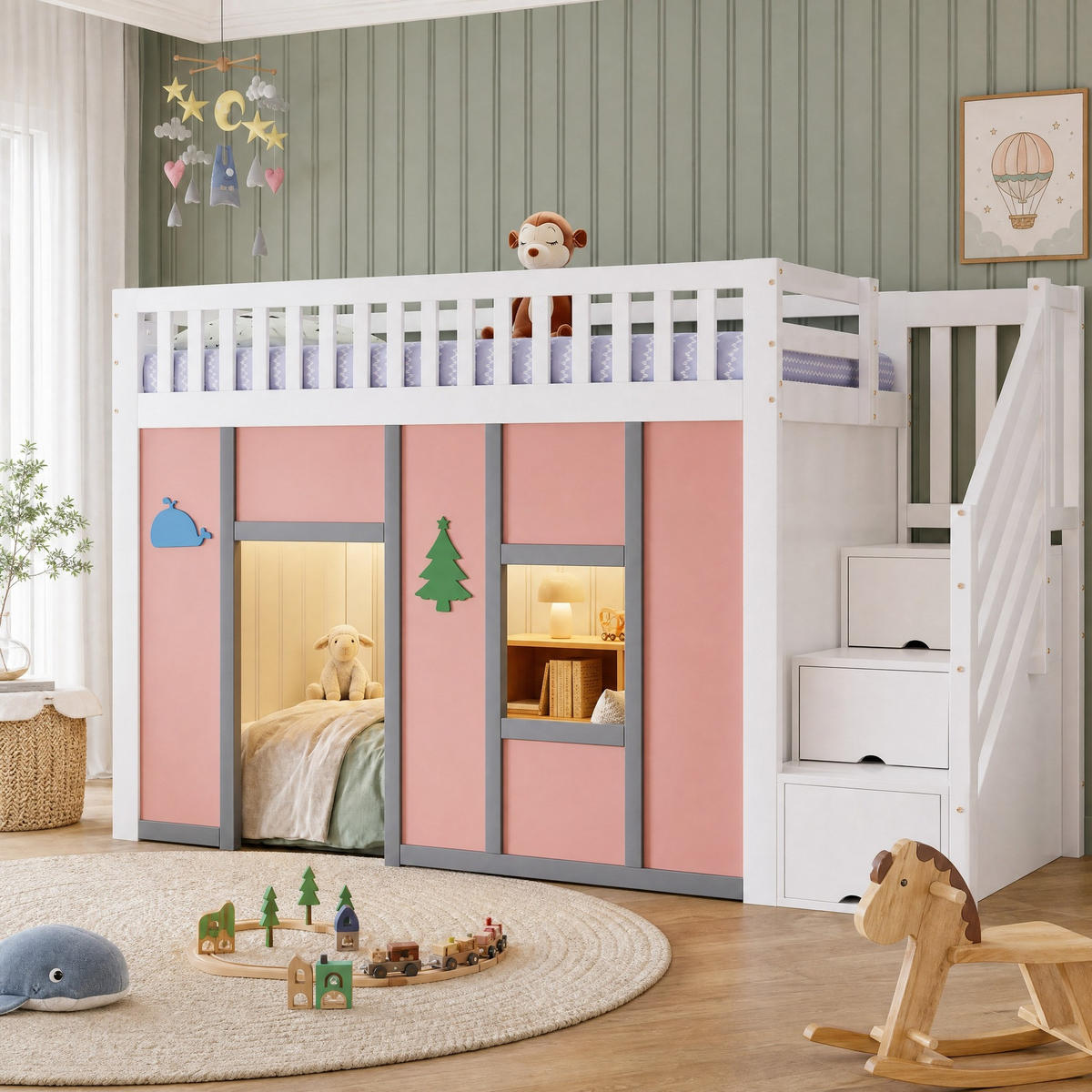 HALBHOCHBETT 90x200 cm in Weiß und Pink mit Stauraumtreppe und LED-Beleuchtung - Weiß, Holz (90/200cm) - IVMEU