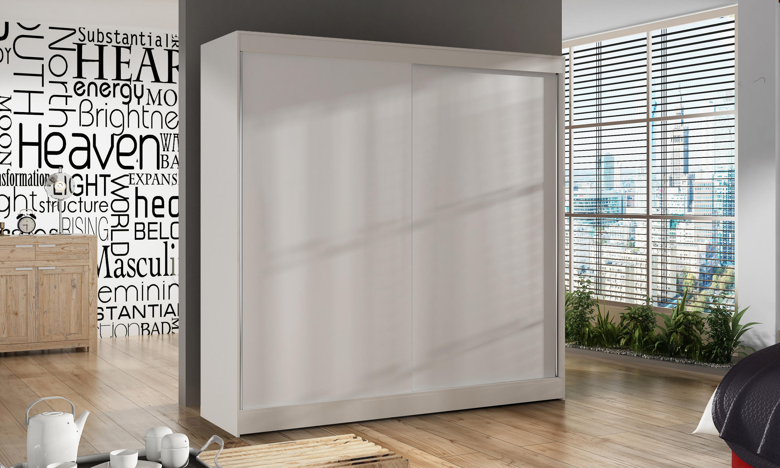 SCHWEBETÜRENSCHRANK Basti X - 200 cm - Weiß, Holzwerkstoff/Metall (200/215/58cm) - Sofnet