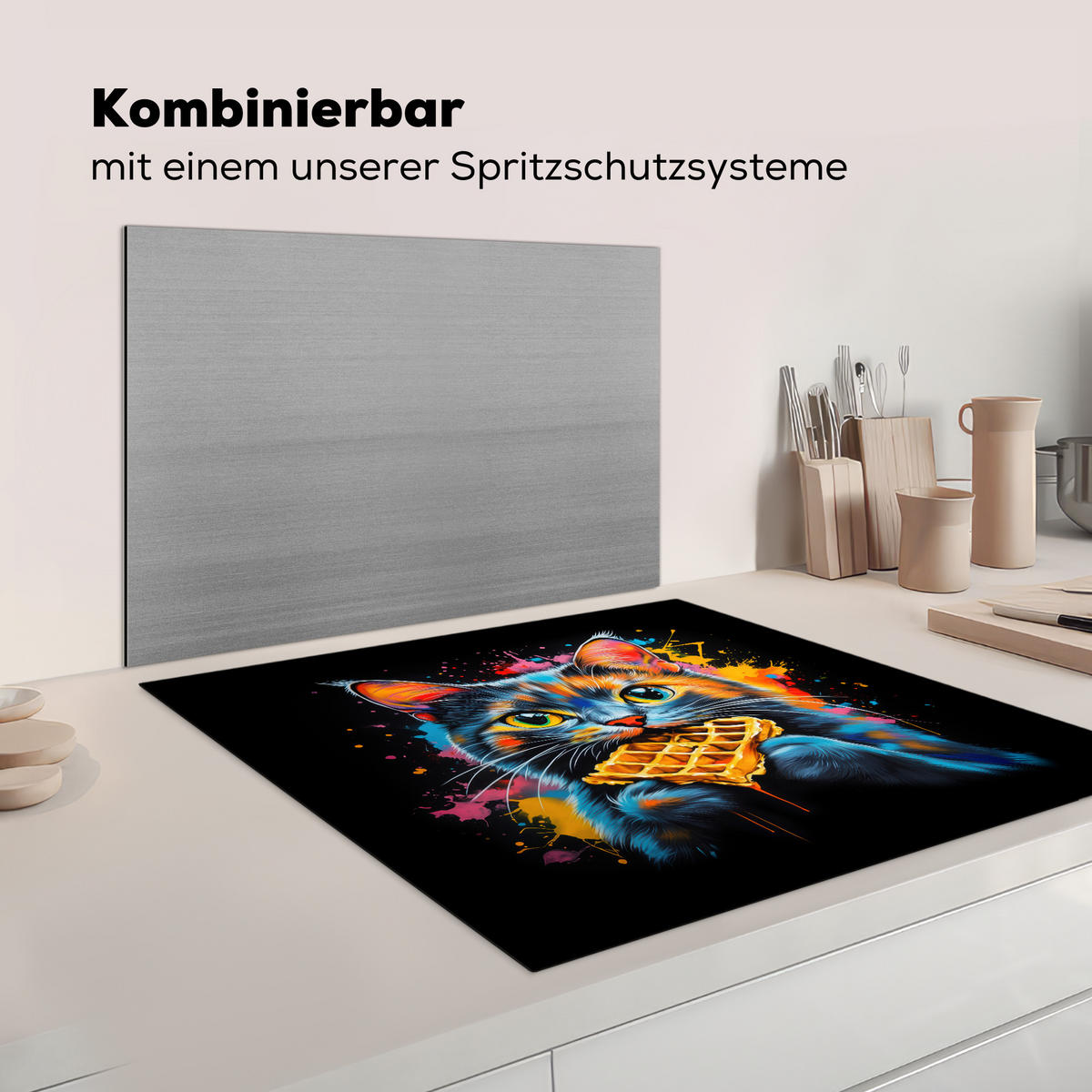 HERDABDECKPLATTE Katze - Graffiti - Bunt - Waffel - Essen Induktionsmatte 78x78 cm - Multicolor, Kunststoff (78/78/0.2cm) - MuchoWow