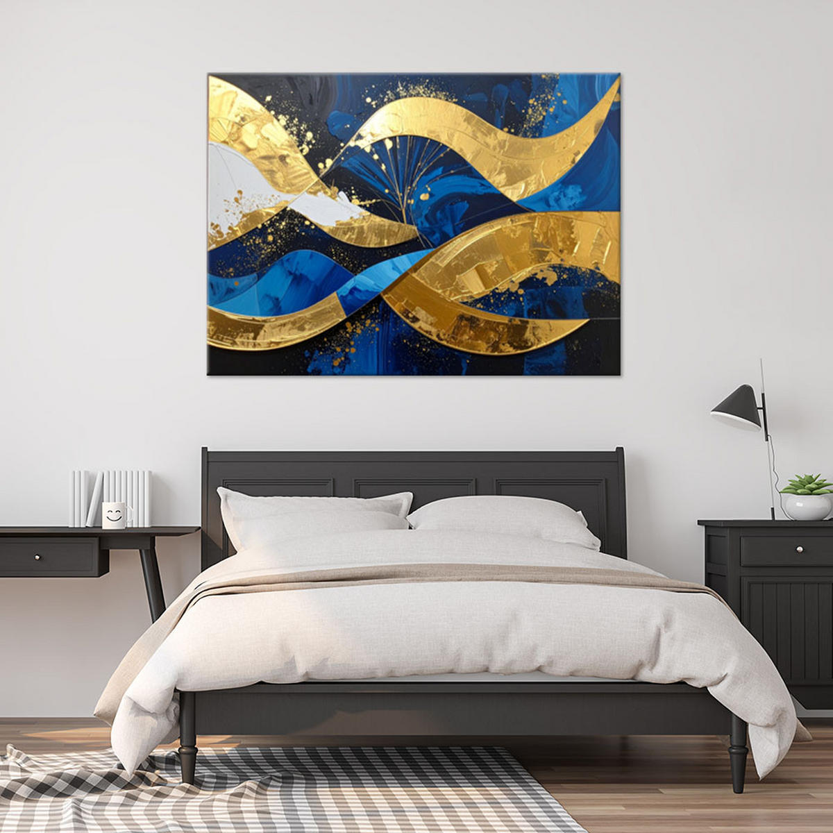 WANDBILD, Abstrakte goldene Wellen auf marineblauem Hintergrund - Blau, Textil (30/20cm) - Feeby