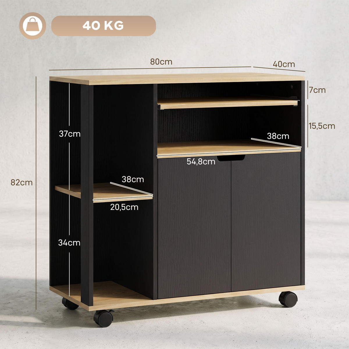 KÜCHENWAGEN MDF Schwarz - Schwarz, Holzwerkstoff (40/82/80cm) - HOMCOM