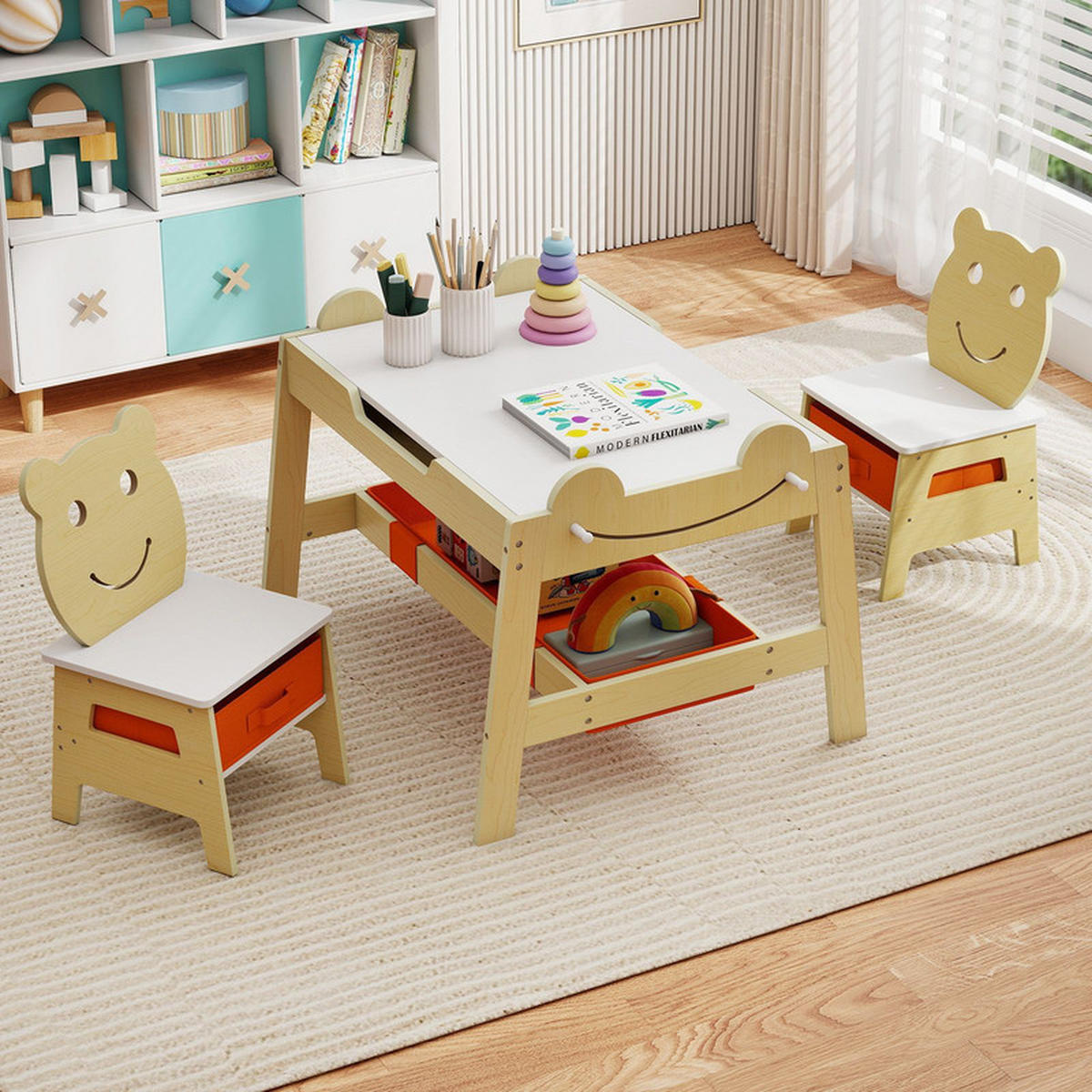 KINDERTISCH mit stuhl natur(3-tlg) - Naturfarben, Holzwerkstoff (70/50/60.5cm) - COSTWAY