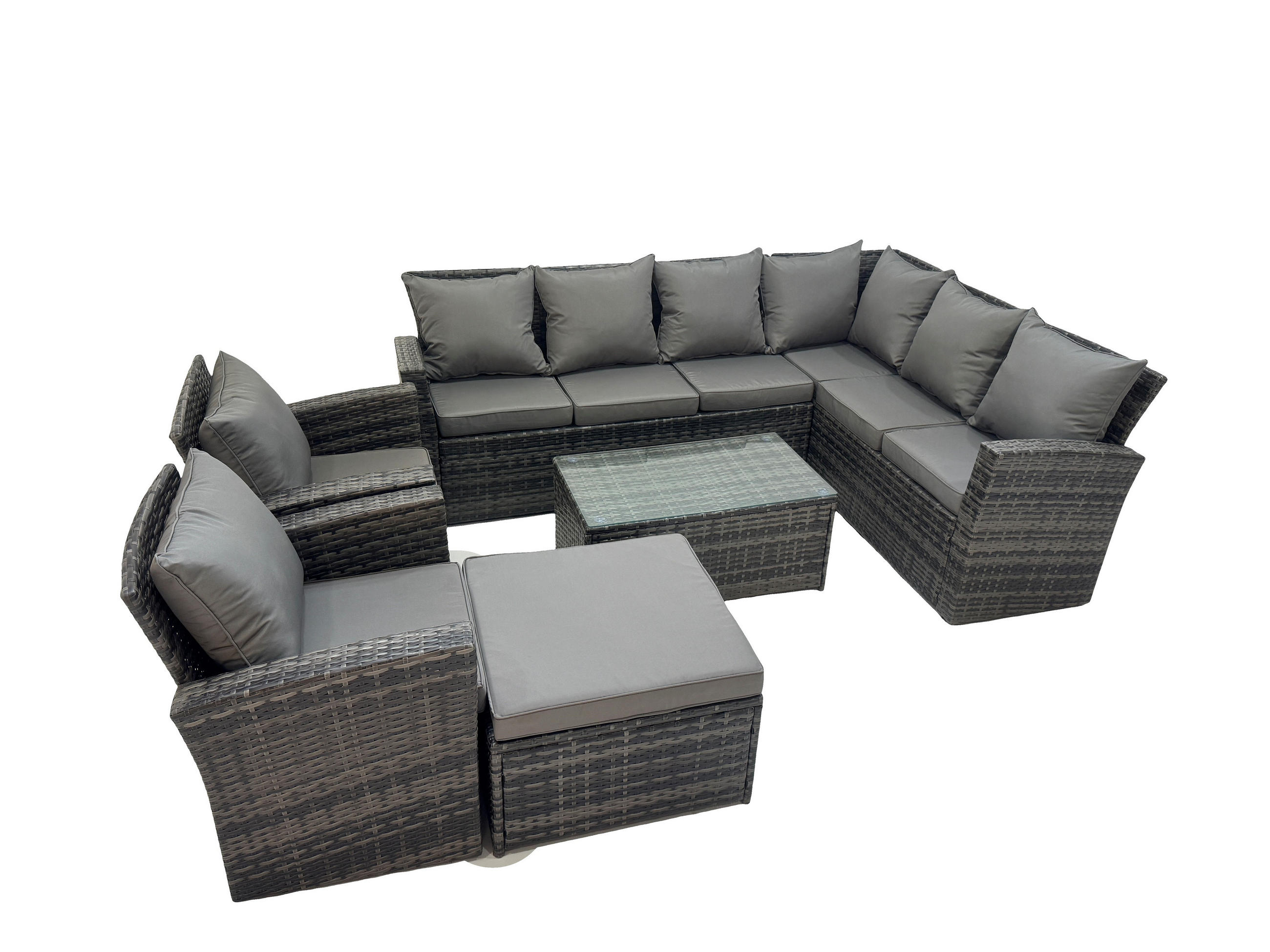 LOUNGEMÖBEL-SETS mit Couchtisch Sofa Polyrattan Dunkelgrau 9-Sitzer - Dunkelgrau/Grau, Glas/Kunststoff - Fimous