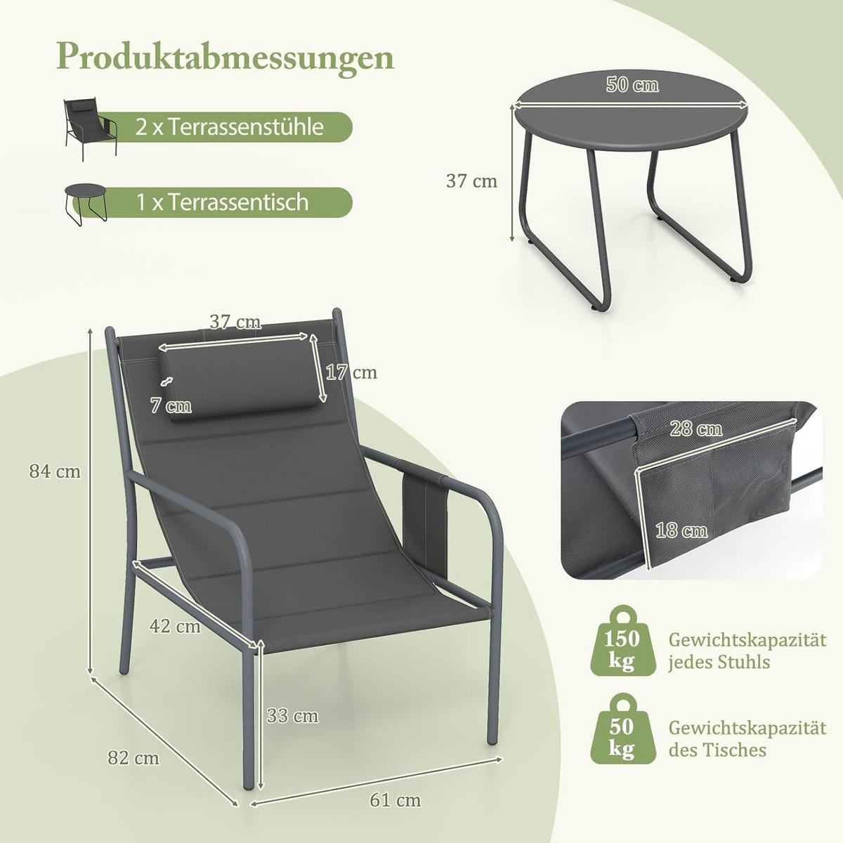 TRÄDGÅRDSMÖBLER Set Grå (3 delar) - Grå, Metall - COSTWAY