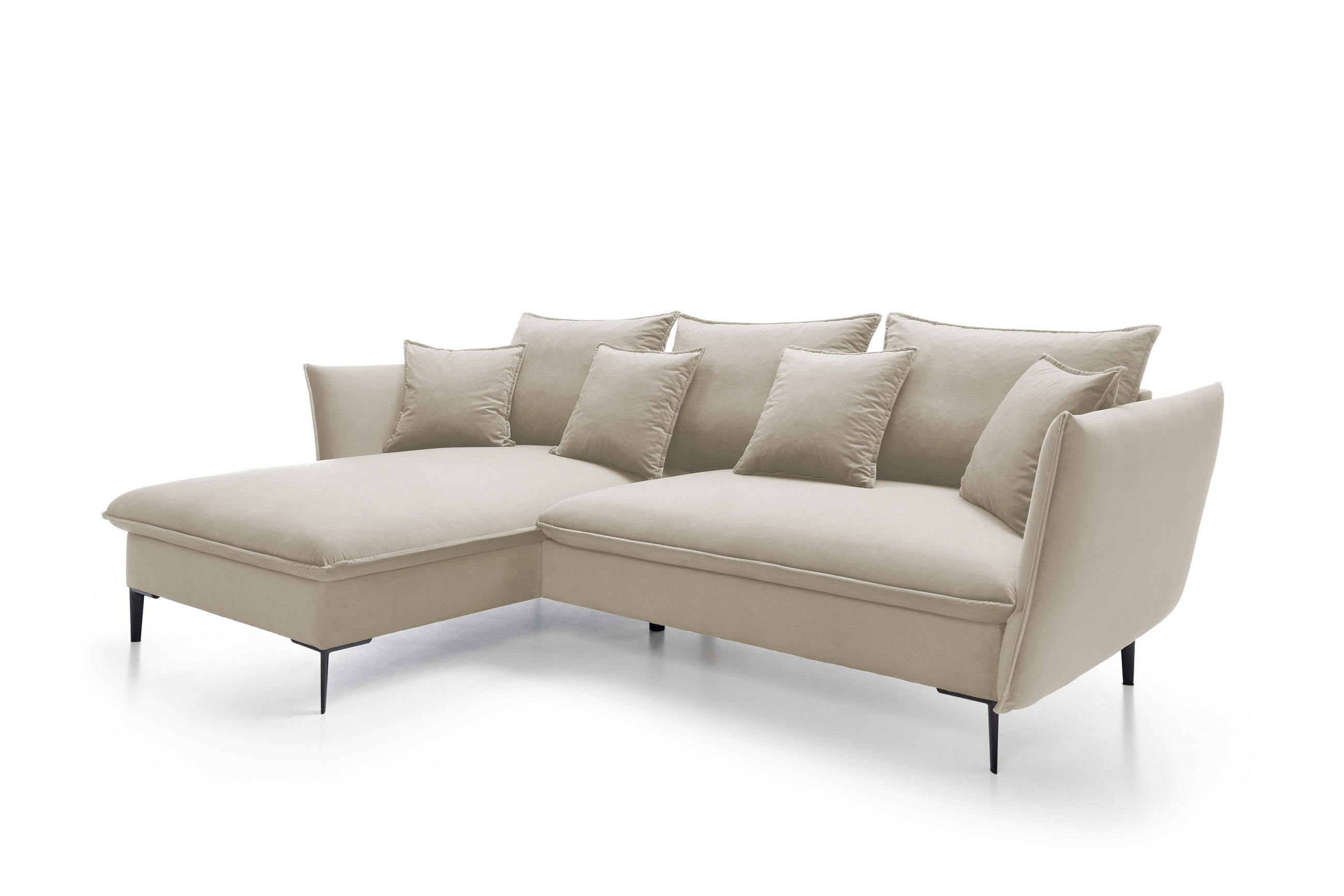 ECKSOFA GLOSS mit Schlaffunktion, Ottomane & goldenen Füßen – Samtsofa im GLOSSour-Stil mit Zierkissen, 258x167x91cm, Linke, PLATINUM - Grün, Holz/Textil (167/258cm) - DomoHome