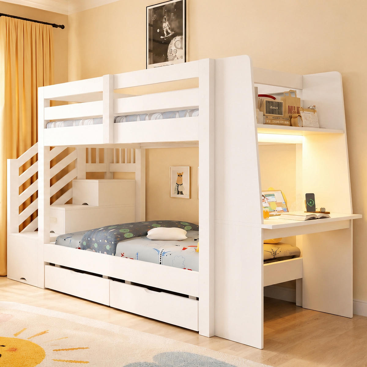 ETAGENBETT 90 x 200 cm mit Schreibtisch, LED und Schubladen, Weiß - Weiß, Holz (90/200cm) - FLIEKS