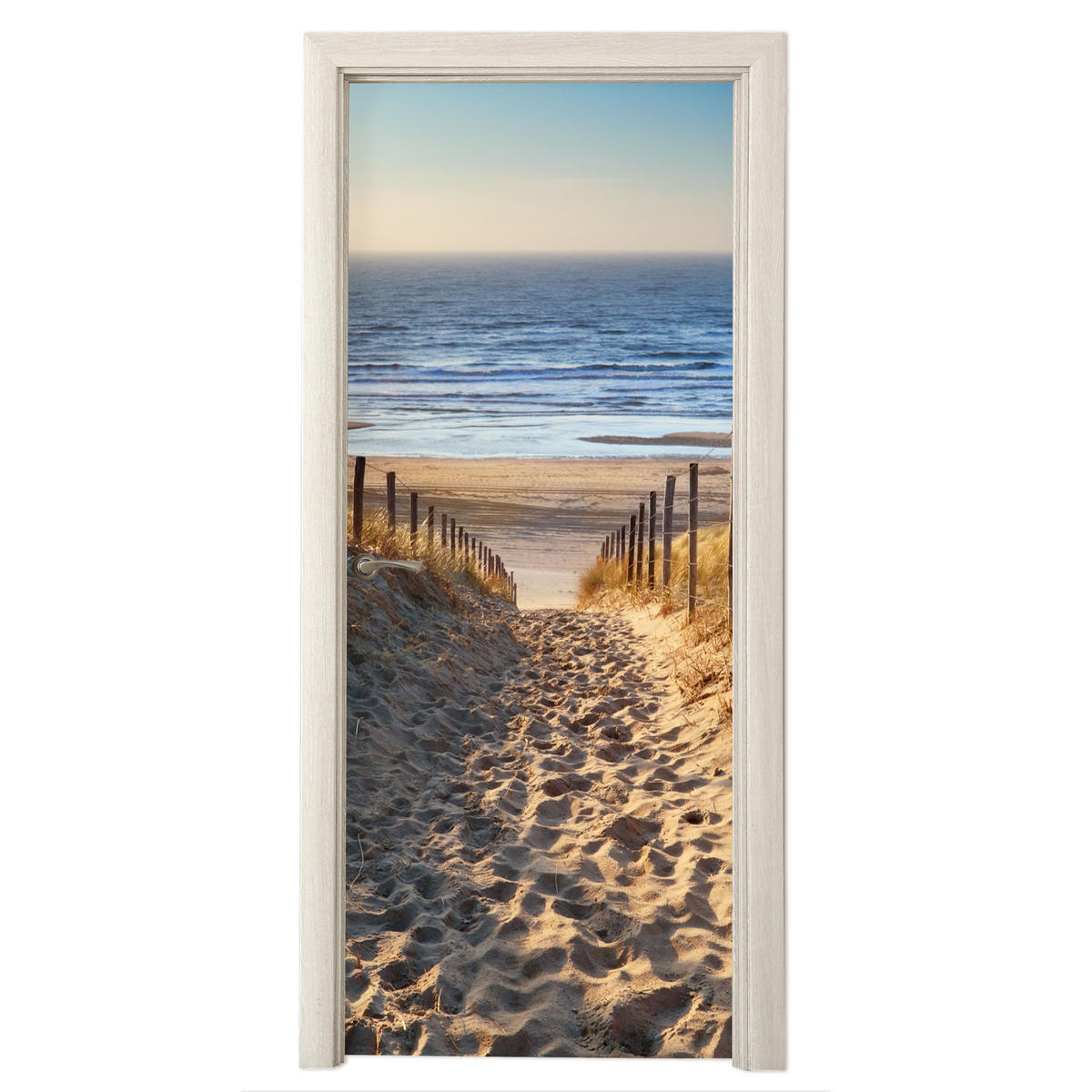 FOTOTAPETE Tür - Strand - Meer - Niederlande - Dünen - Sonne 90x205 cm - Blau, Kunststoff (90/0.1cm) - MuchoWow