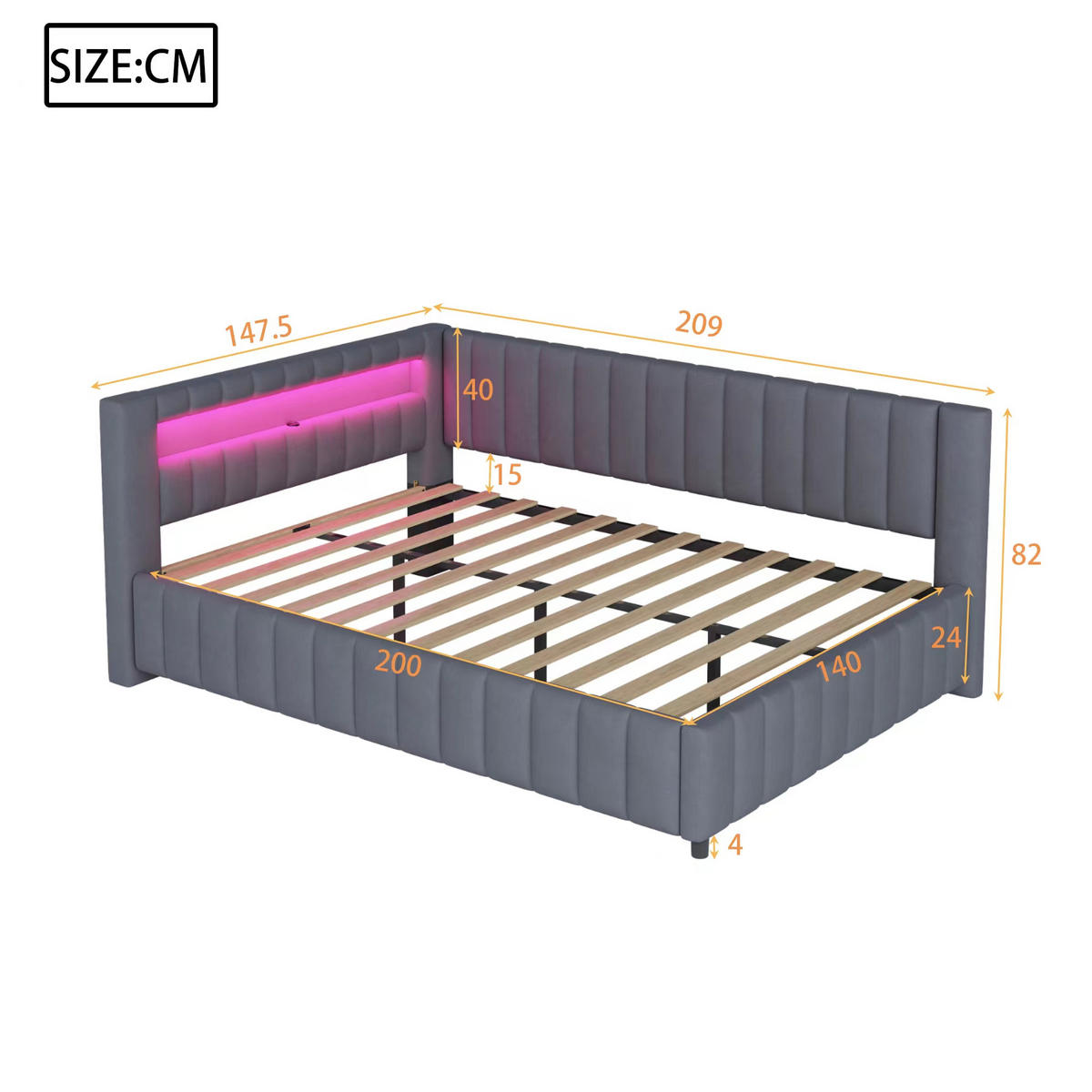 POLSTERBETT Schlafsofa 140/200 cm Grau Samt mit LED-Licht und USB-Ladeanschluss - Grau, Textil (140/200cm) - OKWISH