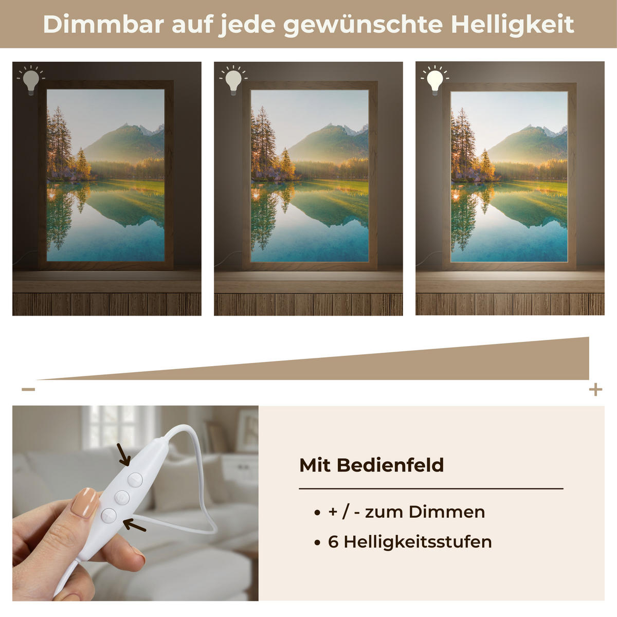 WANDLEUCHTE See - Wald - Berge - Natur - Sonne - Landschaft 20x30 cm - Grün, Holzwerkstoff (20/30/8cm) - OnlyWow