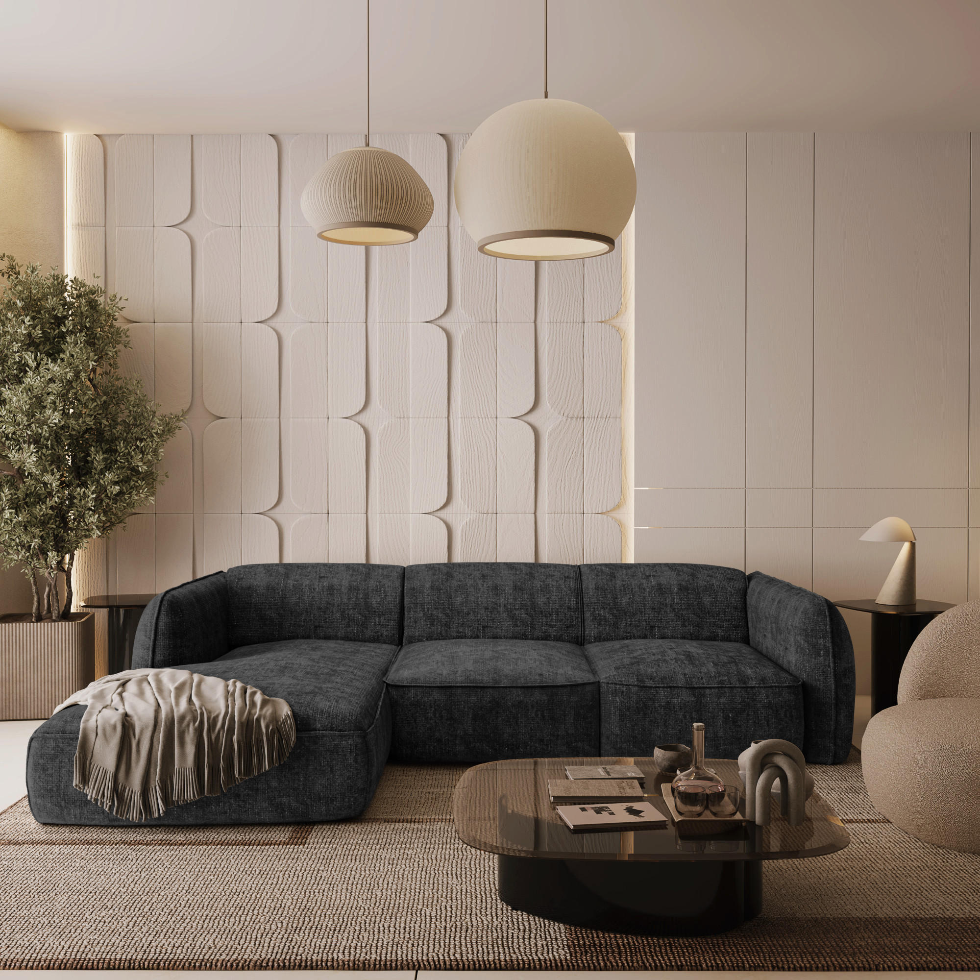 ECKSOFA LINKS Rastervelours Dunkles Anthrazit 272cm - Anthrazit, Textil (165/272cm) - Sia Home