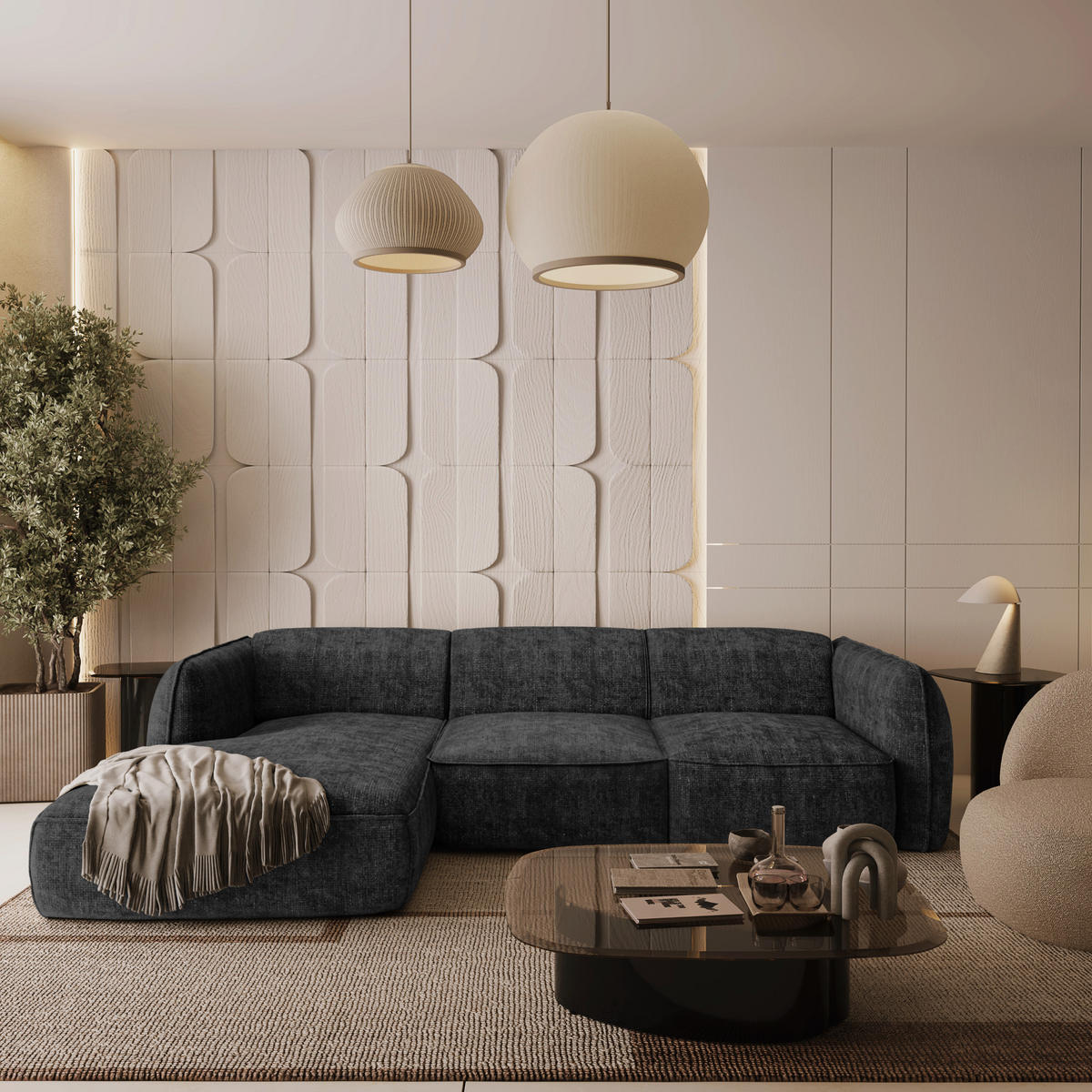 ECKSOFA LINKS Rastervelours Dunkles Anthrazit 272cm - Anthrazit, Textil (165/272cm) - Sia Home