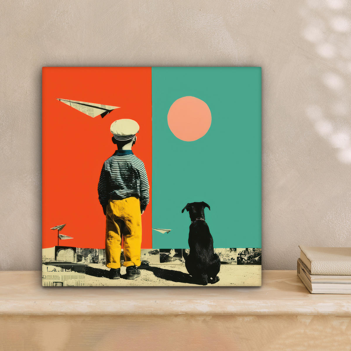 LEINWANDBILD Retro - Junge - Hund - Rot - Grün Deko Wohnzimmer 20x20 cm - Orange, Textil (20/20cm) - MuchoWow