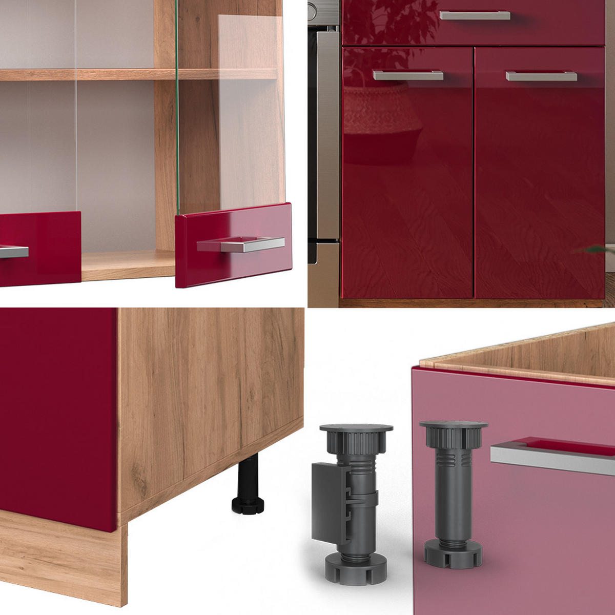 KÜCHENZEILE R-Line Rot Hochglanz/Goldkraft Eiche 200 cm AP Marmor - Rot/Eiche Wotan, Holzwerkstoff (200/81.6/60cm) - Vicco