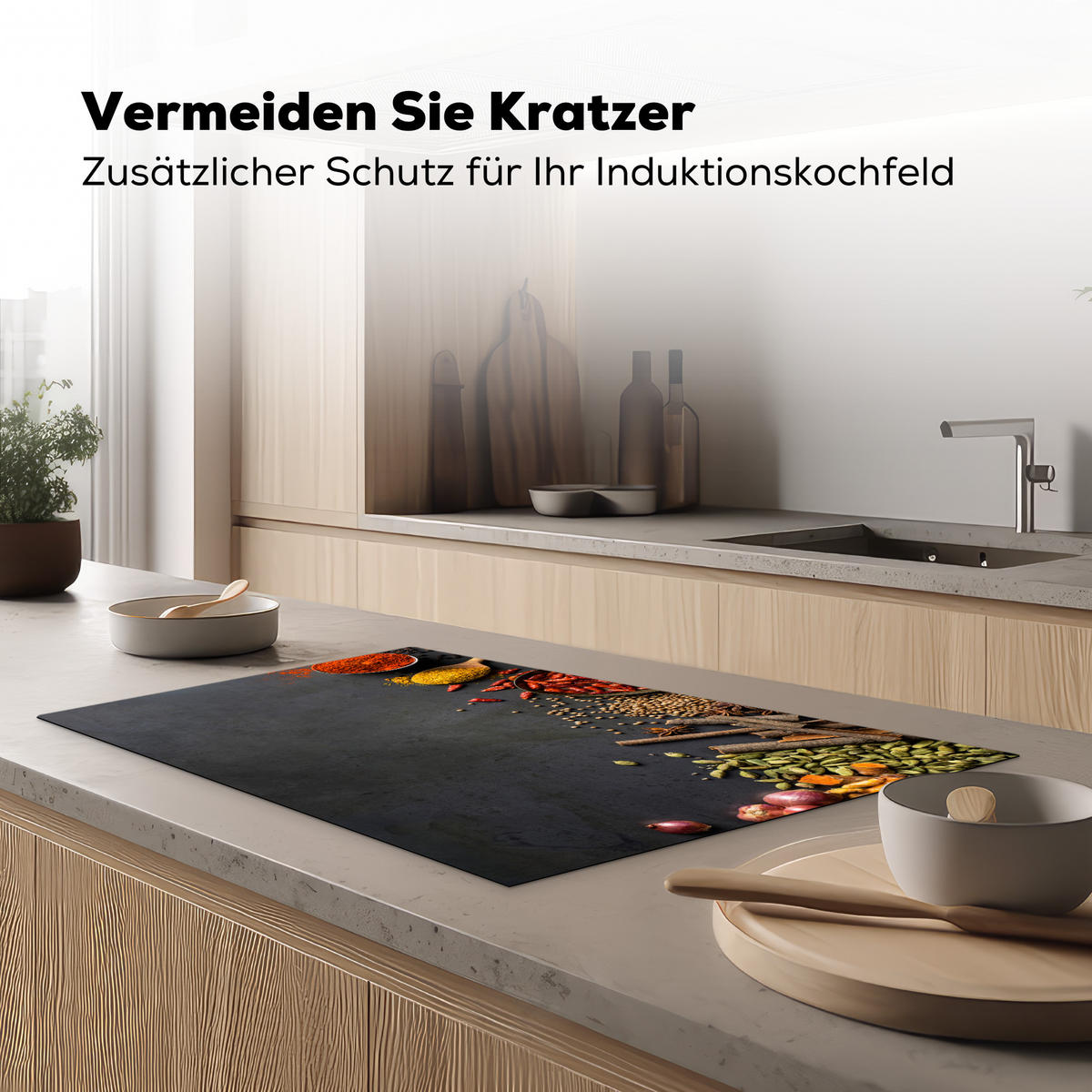 HERDABDECKPLATTE Kräuter - Lebensmittel - Gewürze - Schwarz - Paprika - Zimt Ceranfeldabdeckung 85x52 cm - Currygelb, Kunststoff (85/52/0.2cm) - MuchoWow